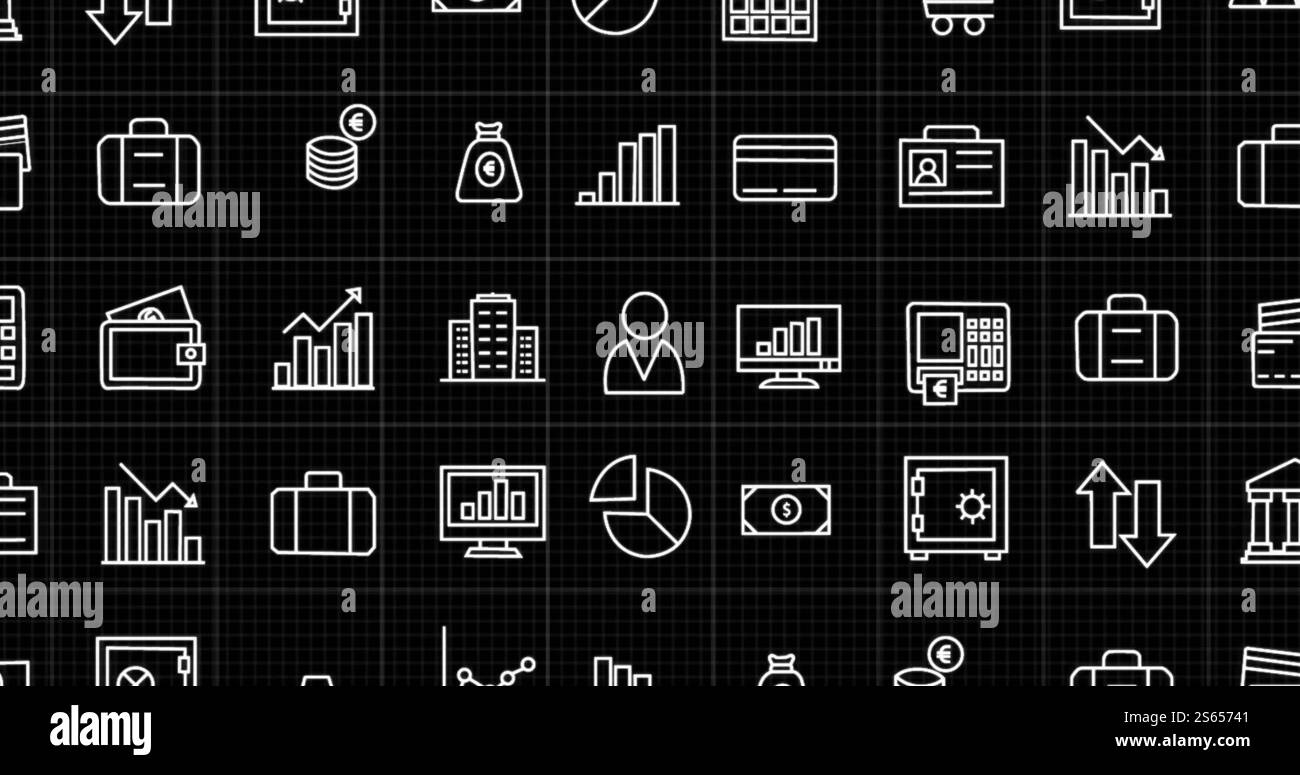 Immagine delle icone di business e finanza su sfondo nero a griglia Foto Stock