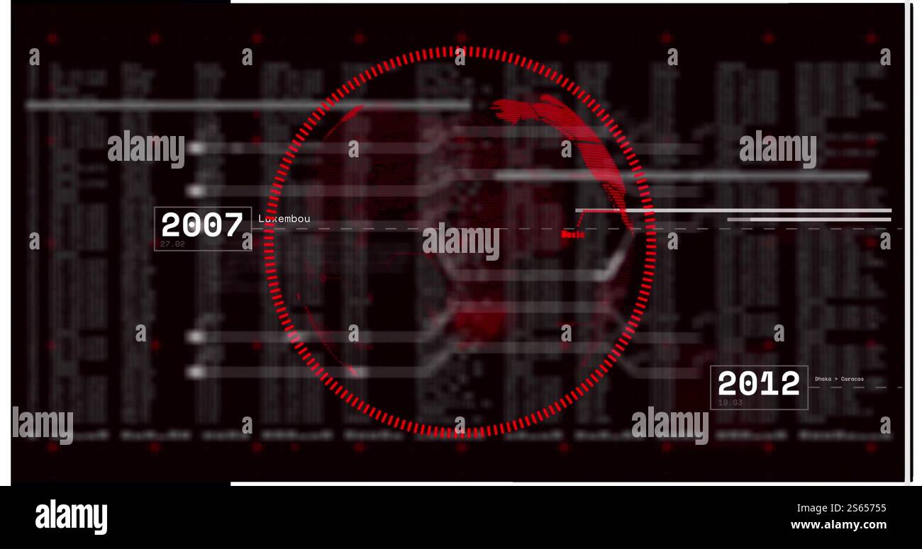 Immagine del globo digitale rosso su dati e numeri con anni Foto Stock