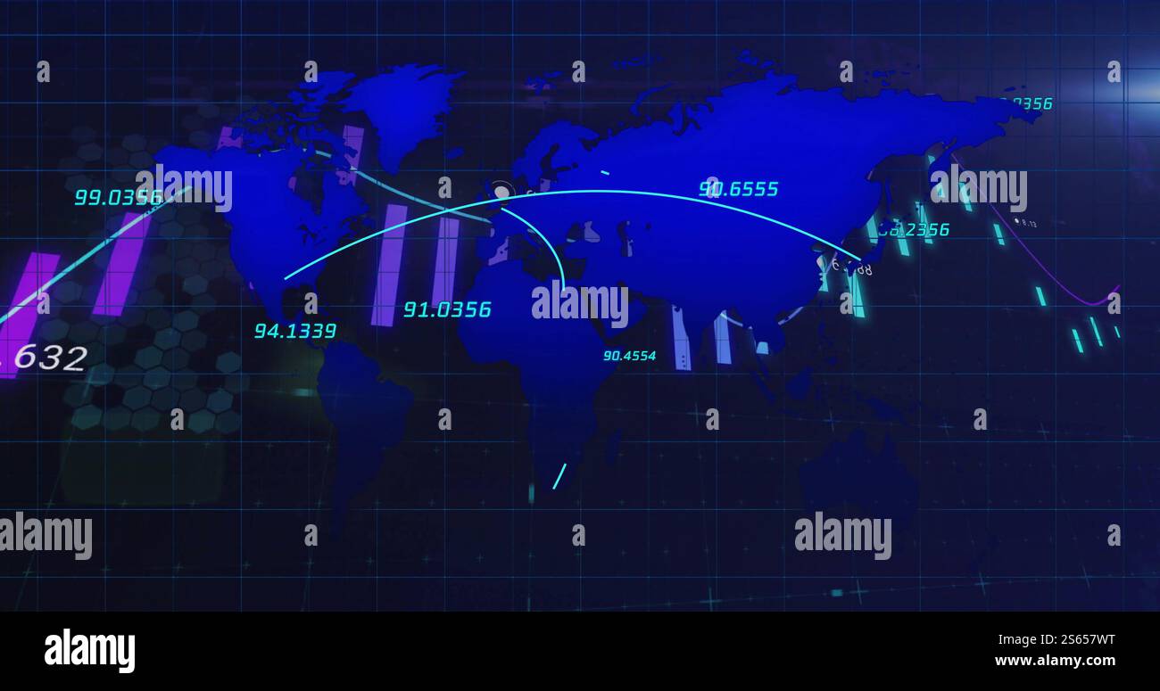 I dati finanziari globali e le tendenze del mercato azionario sono visibili sulla mappa mondiale Foto Stock