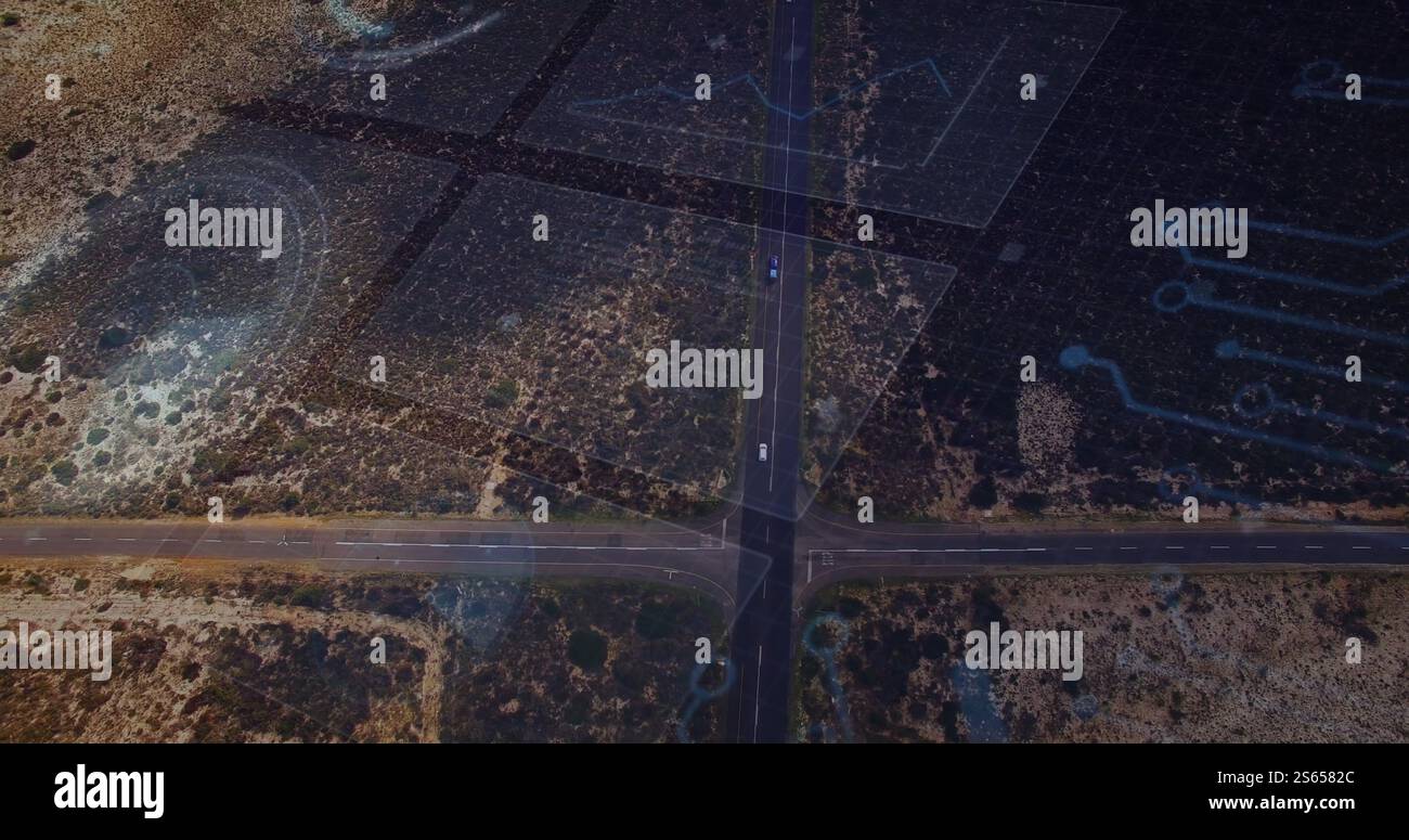 Incrocio stradale sovrapposto a mappatura digitale e immagine di navigazione Foto Stock