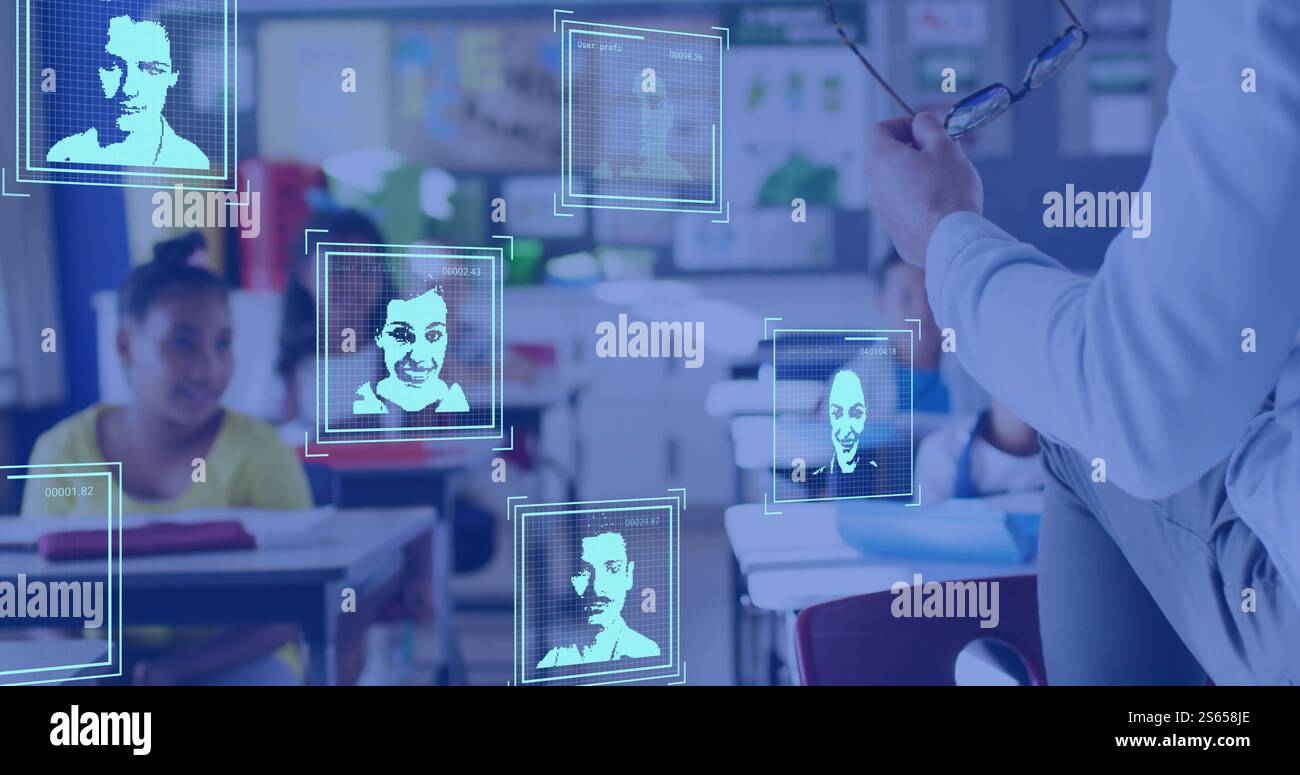 Immagine dei profili di identificazione digitale che vengono elaborati su diversi insegnanti e scolari in classe Foto Stock