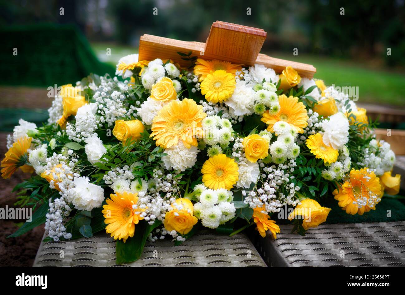 una corona funeraria di fiori gialli e bianchi con una croce di legno sdraiata giace sulla copertura temporanea di metallo di una tomba dopo una sepoltura in un cimitero Foto Stock