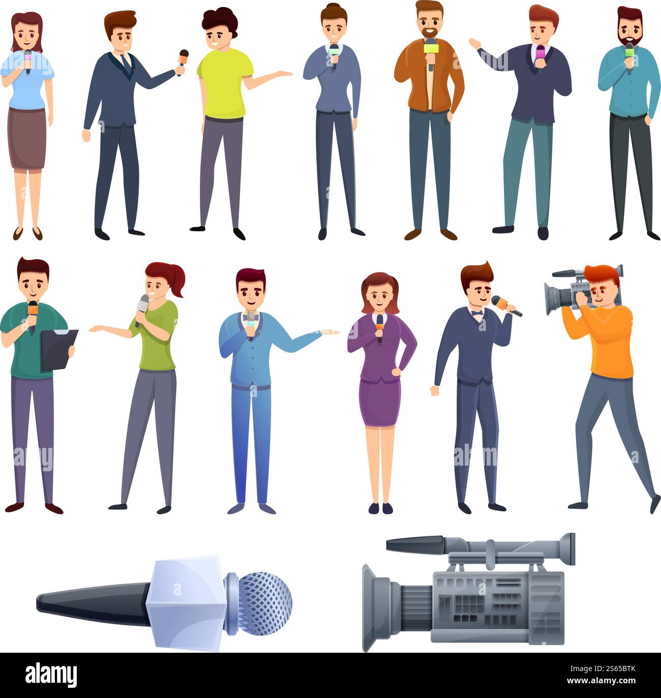 Set di icone del presentatore TV. Set di cartoni animati con icone vettoriali per il presentatore TV per il web design. Set di icone del presentatore TV, stile cartoni animati Illustrazione Vettoriale