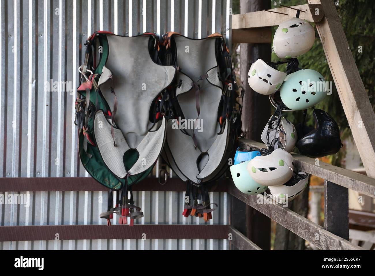 Attrezzatura da arrampicata - caschi colorati e giubbotti di sicurezza appesi su una tavola in un parco di corde da vicino. Attrezzatura da arrampicata - caschi colorati e sicurezza Foto Stock