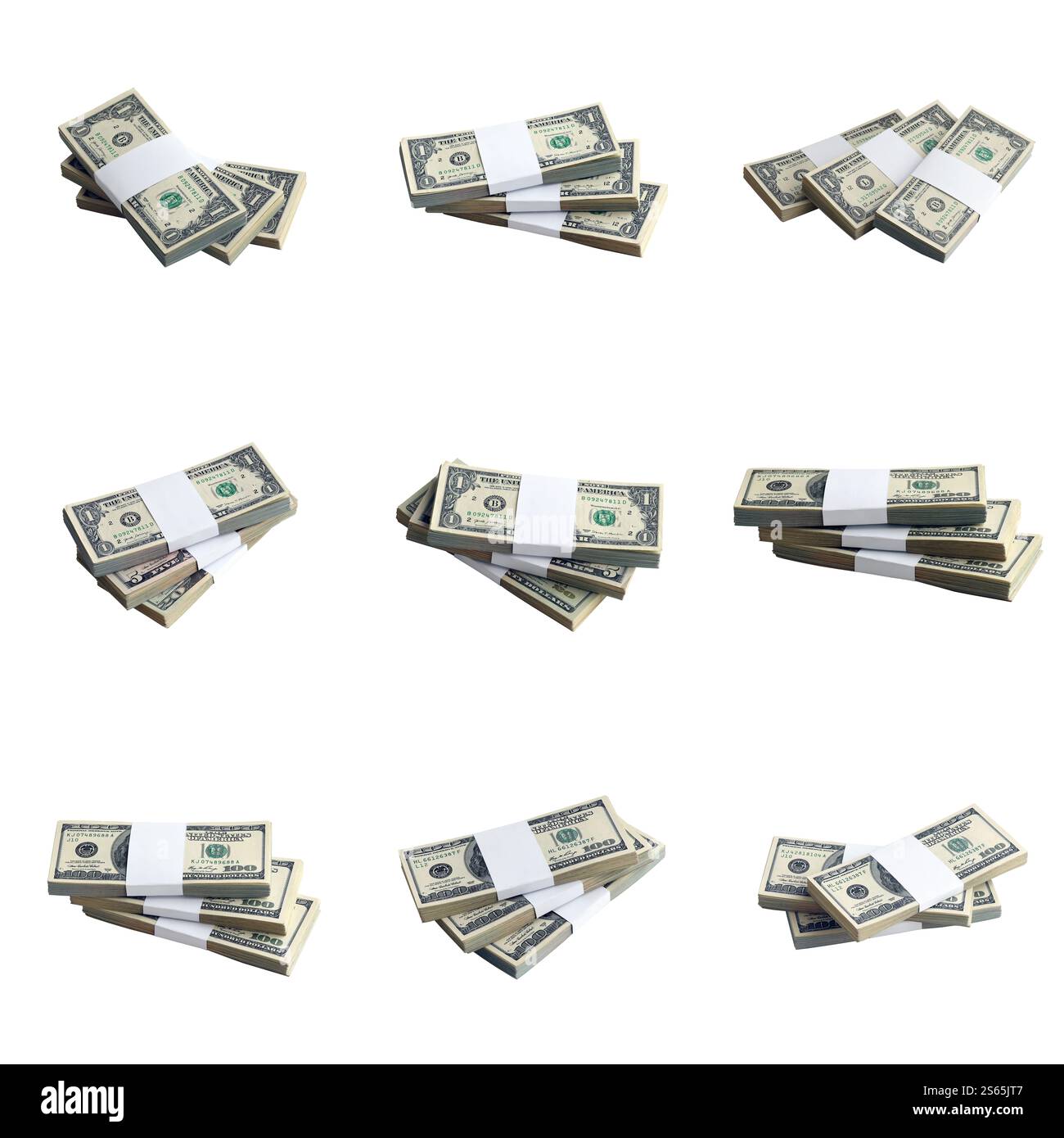 Grande serie di pacchetti di banconote in dollari USA isolate su bianco. Collage con molte confezioni di denaro americano con alta risoluzione su sfondo bianco perfetto Foto Stock