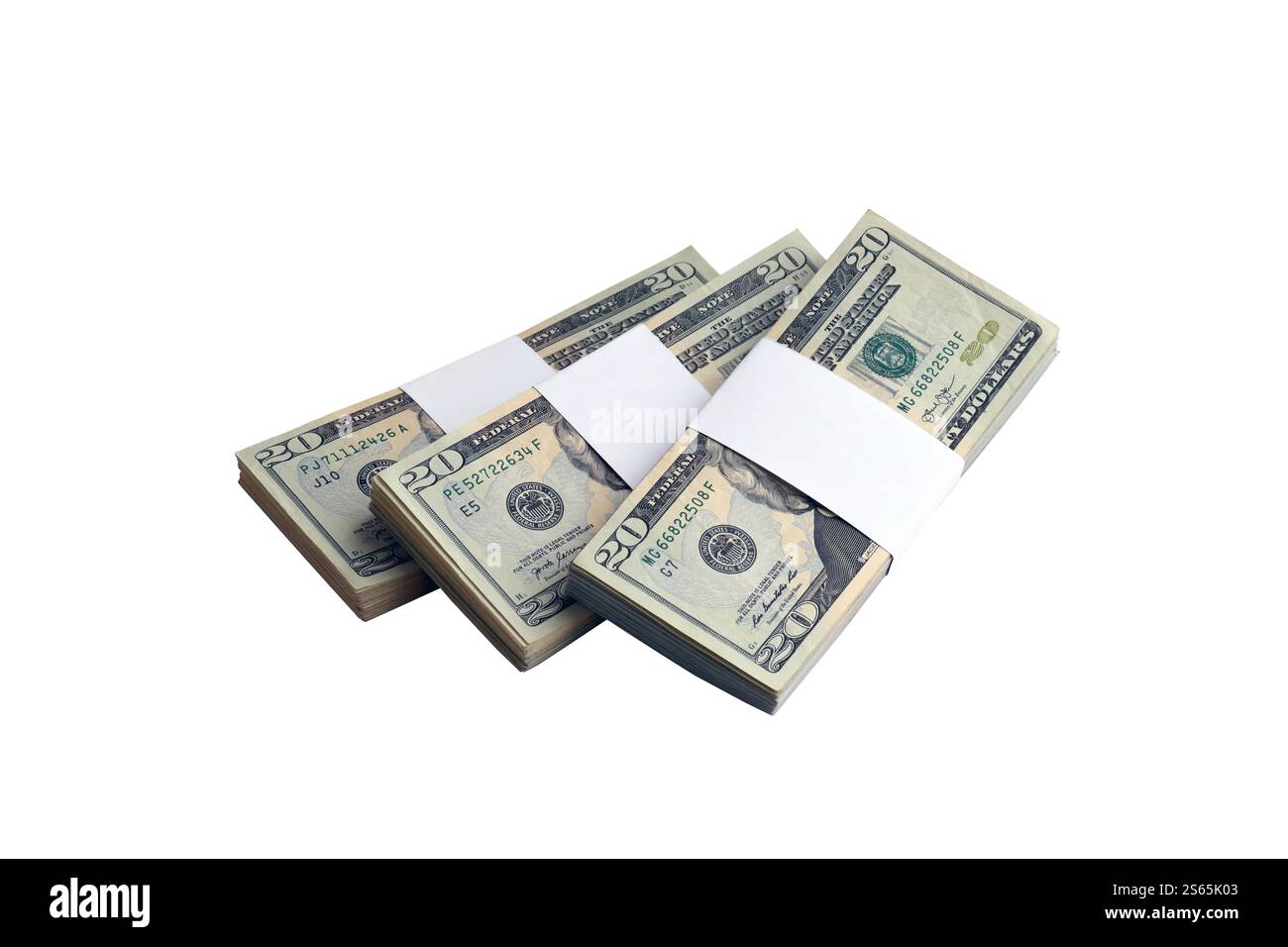 Pacchetto di banconote in dollari USA isolate su bianco. Confezione di denaro americano ad alta risoluzione su sfondo bianco perfetto come oggetto per il design. Pacchetto di Foto Stock