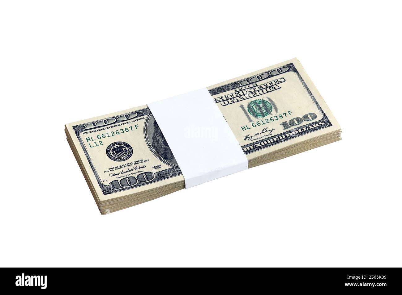 Pacchetto di banconote in dollari USA isolate su bianco. Confezione di denaro americano ad alta risoluzione su sfondo bianco perfetto come oggetto per il design. Pacchetto di Foto Stock