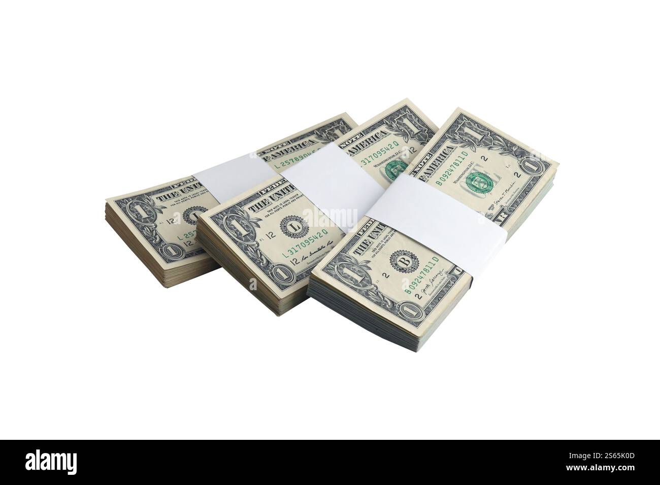 Pacchetto di banconote in dollari USA isolate su bianco. Confezione di denaro americano ad alta risoluzione su sfondo bianco perfetto come oggetto per il design. Pacchetto di Foto Stock