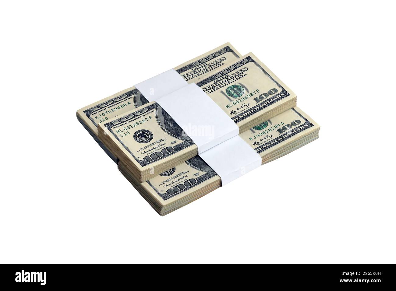 Pacchetto di banconote in dollari USA isolate su bianco. Confezione di denaro americano ad alta risoluzione su sfondo bianco perfetto come oggetto per il design. Pacchetto di Foto Stock