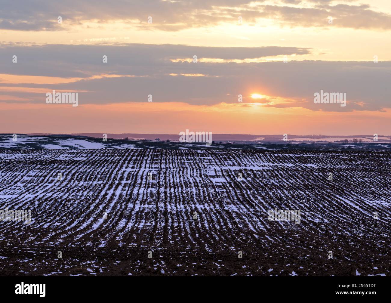 Terra nera, terra arabile coperta dall'ultima neve, primavera primaverile. Calmo tramonto serale nella campagna Ucraina, regione di Lviv. Foto Stock