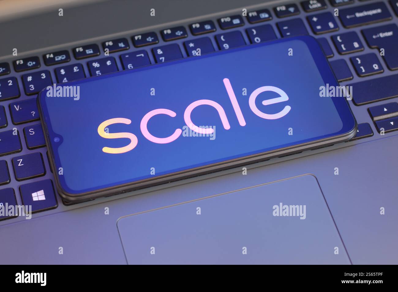 Canada. 15 gennaio 2025. In questa immagine, il logo Scale ai viene visualizzato sullo schermo di uno smartphone accanto alla tastiera di un notebook. (Foto di Thomas Fuller/SOPA Images/Sipa USA) *** esclusivamente per notizie editoriali *** credito: SIPA USA/Alamy Live News Foto Stock