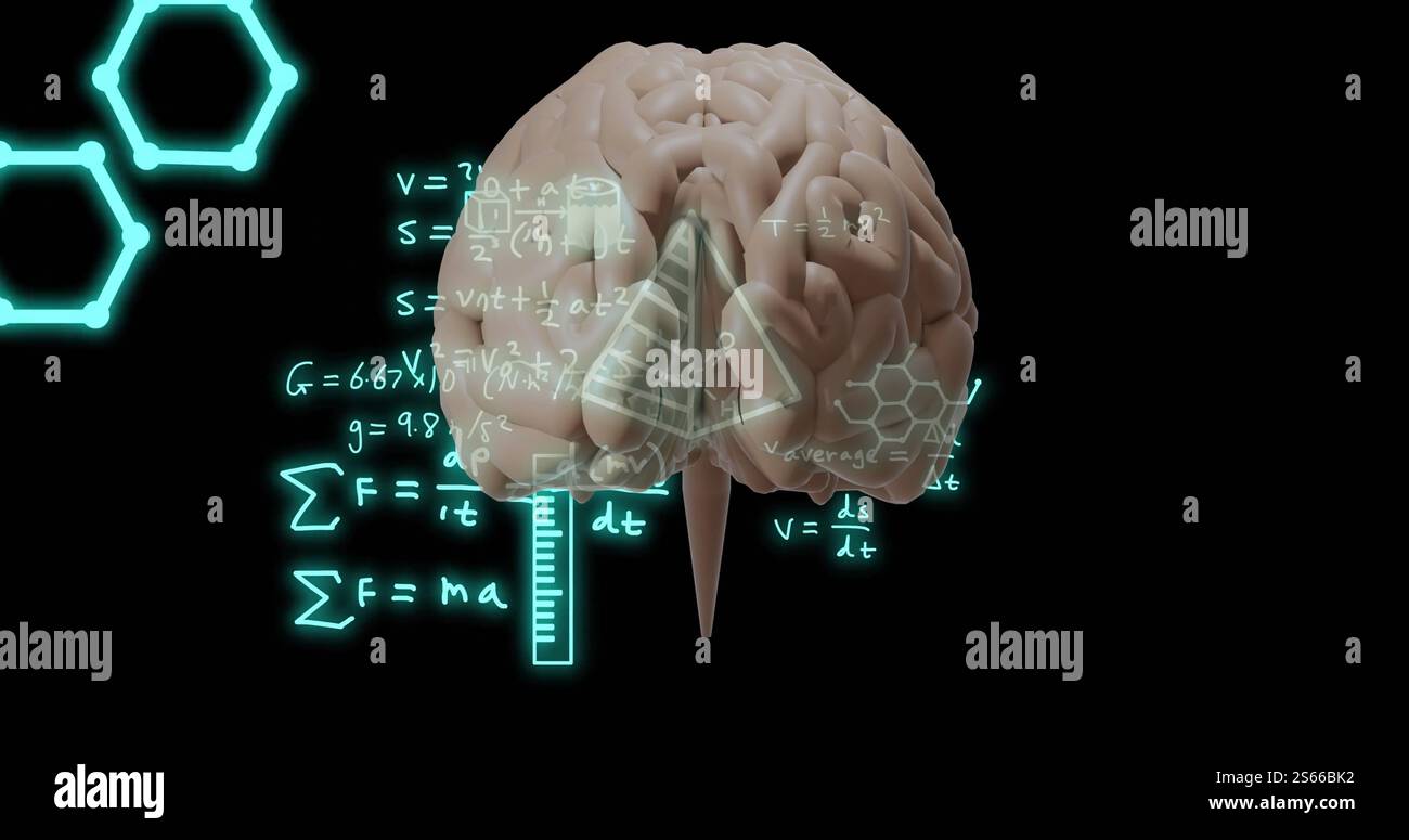 Immagine di equazioni matematiche e icone scientifiche sul cervello su sfondo nero Foto Stock