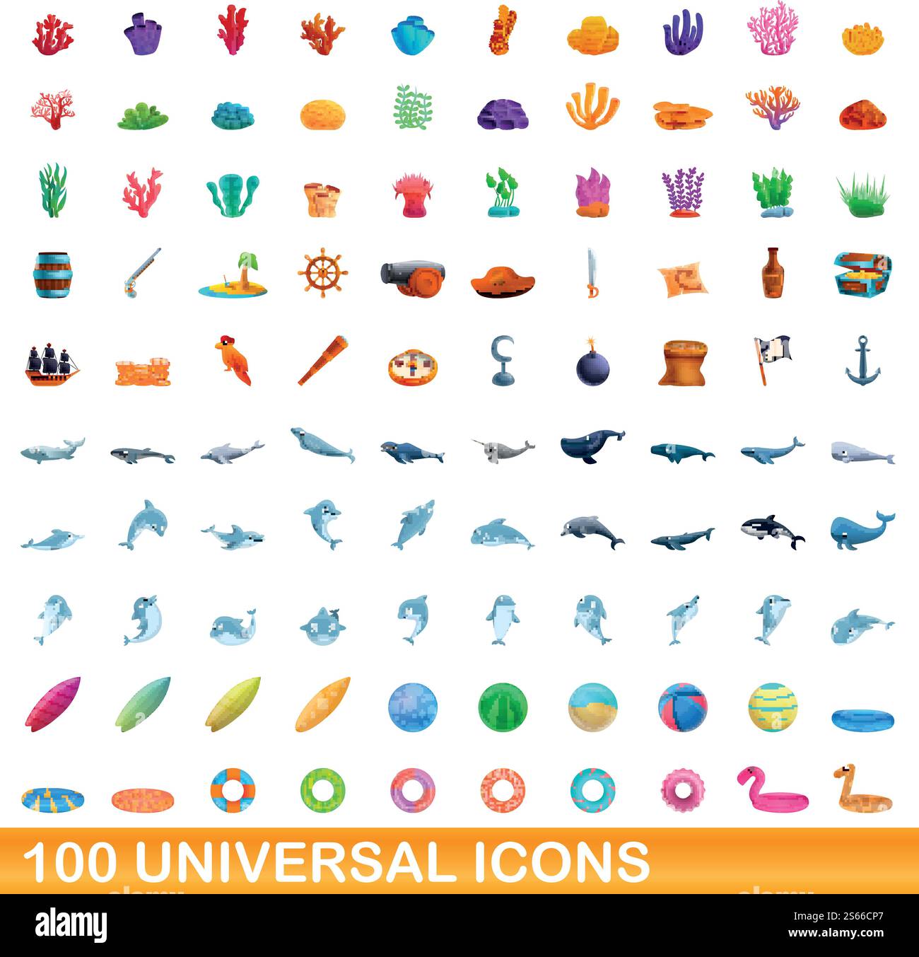 set di 100 icone universali. Illustrazione a cartoni animati di 100 icone vettoriali universali isolate su sfondo bianco. set di 100 icone universali, stile cartone animato Illustrazione Vettoriale