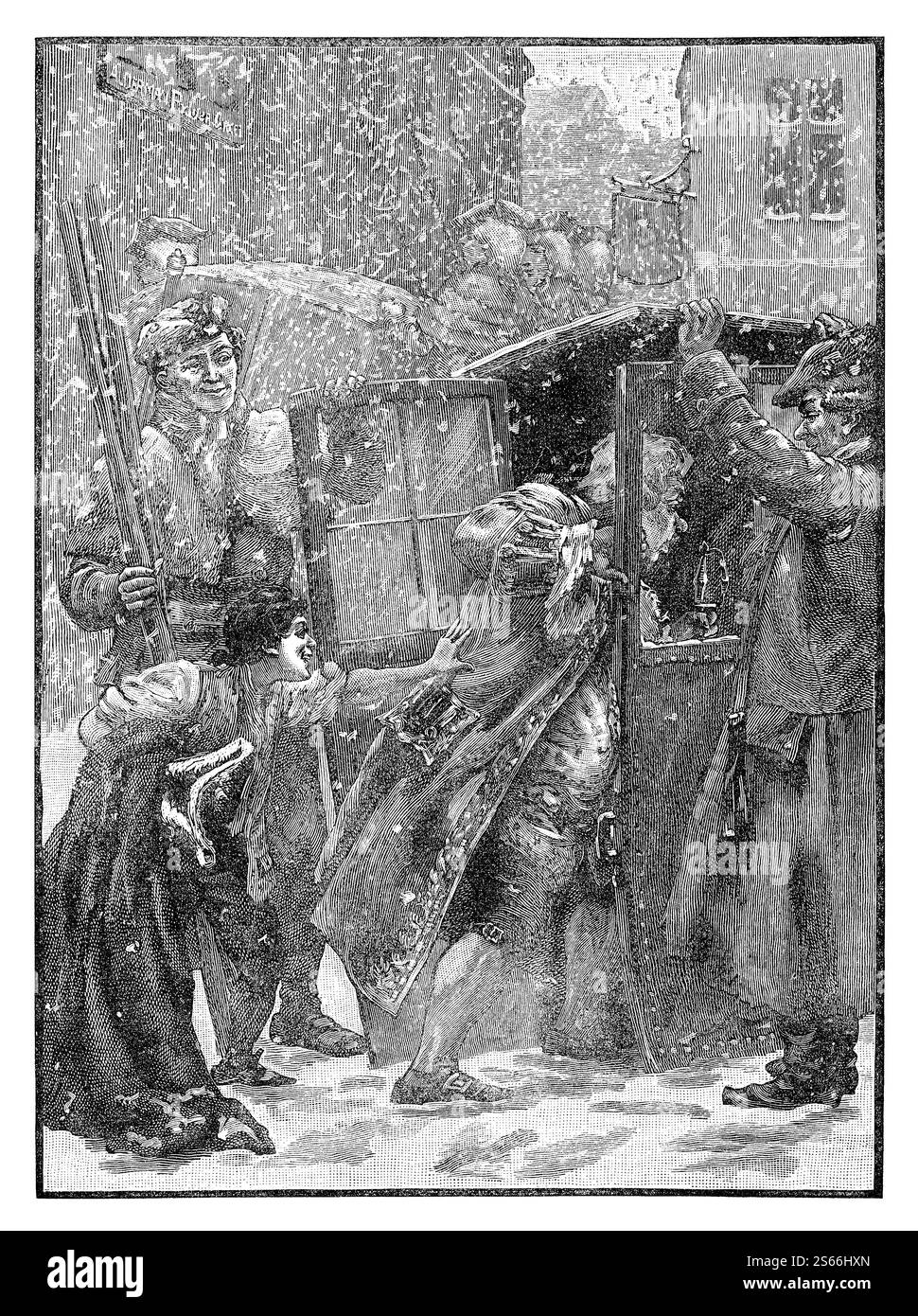 Illustrazione incisa "un inverno vecchio stile - andare alla cena aziendale". Un'incisione di un grande uomo che entra in una sedia berlina nella neve nel XVIII secolo. Dal Boy's Own Paper Annual 1891/1892. Foto Stock