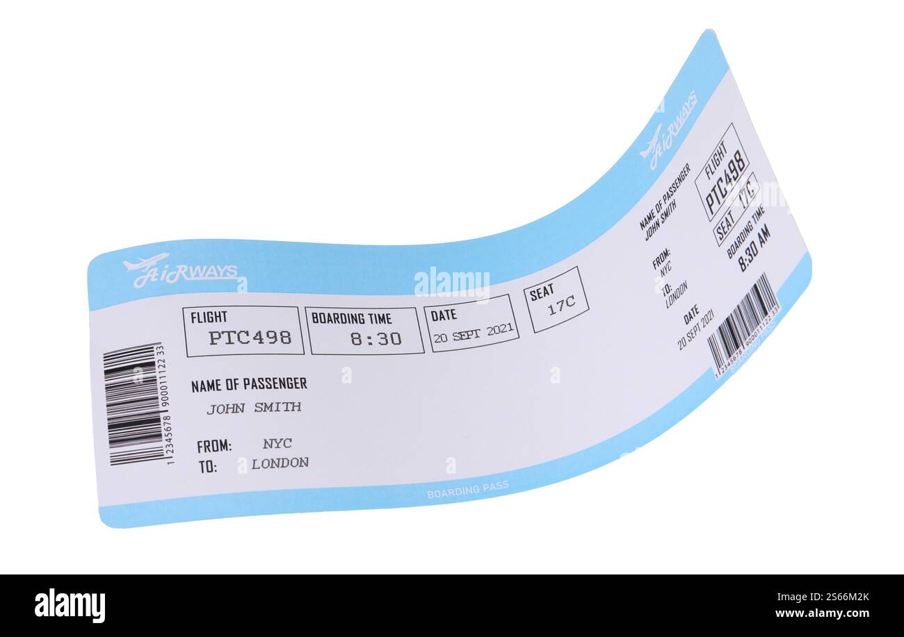 Un biglietto aereo isolato sul bianco. Viaggi all'estero Foto Stock