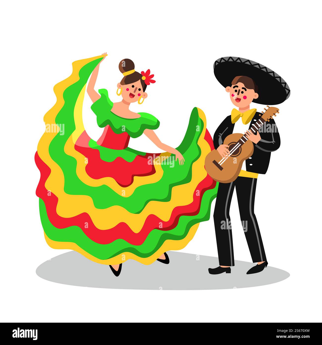 Mariachi Man musicista e donna che ballano Vector. Ballo femminile in festa messicana in abito e ragazzo Mariachi che suona alla chitarra in Sombrero e Suit. Illustrazione dei caratteri del cartone animato piatto. Mariachi Man musicista e donna che ballano Vector Illustrazione Vettoriale