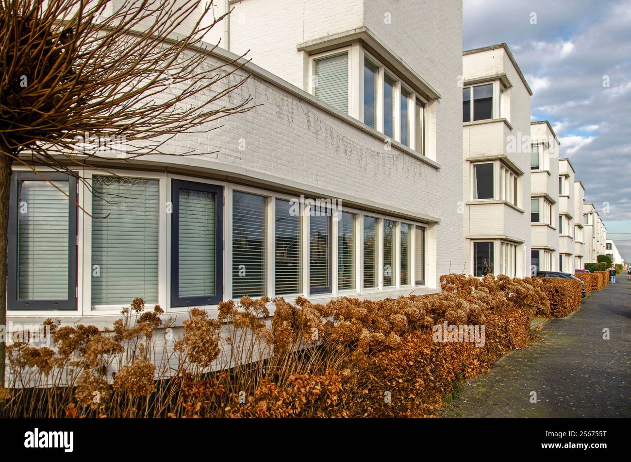 Tilburg, Paesi Bassi, 14 gennaio 2025: strada con case in mattoni bianchi in stile retrò anni '1930 Foto Stock