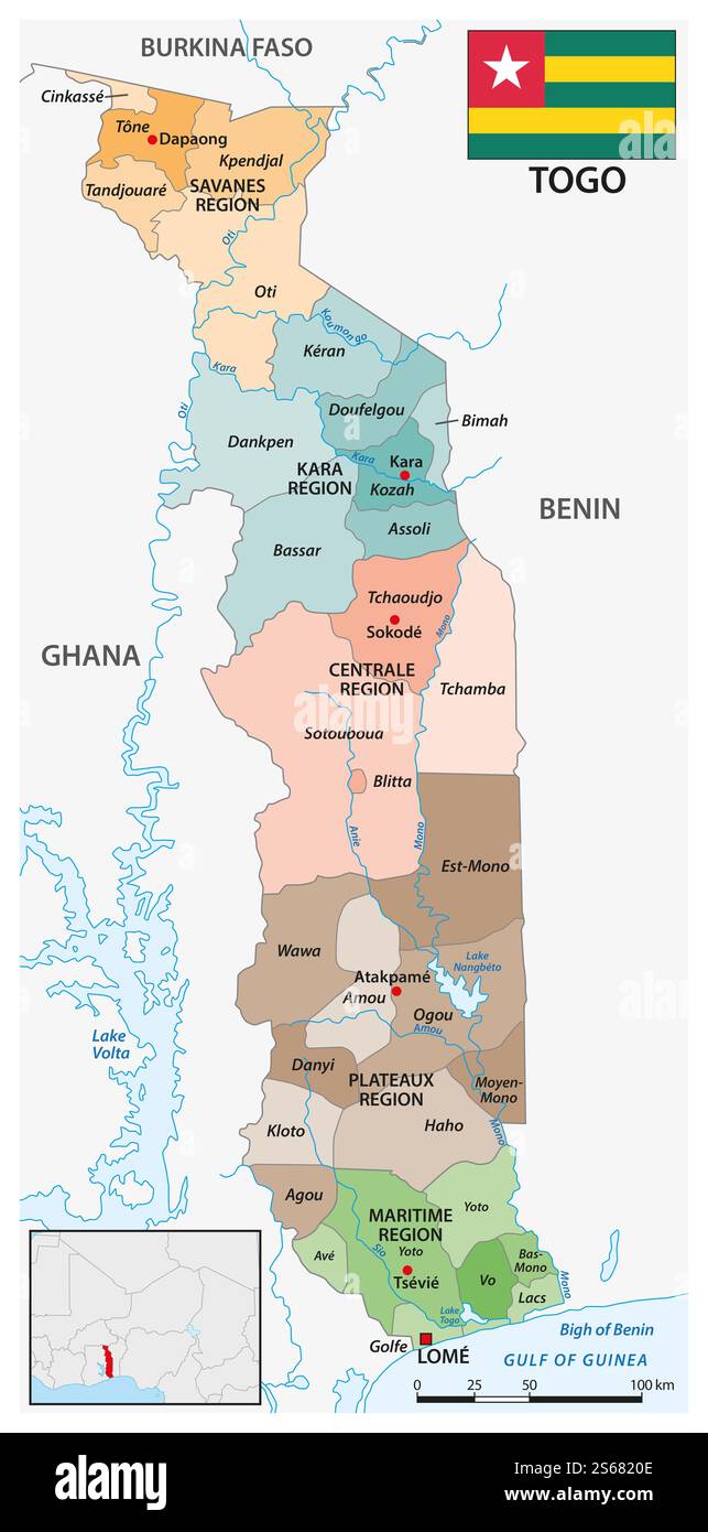 Mappa vettoriale amministrativa dello stato dell'Africa occidentale del Togo Foto Stock