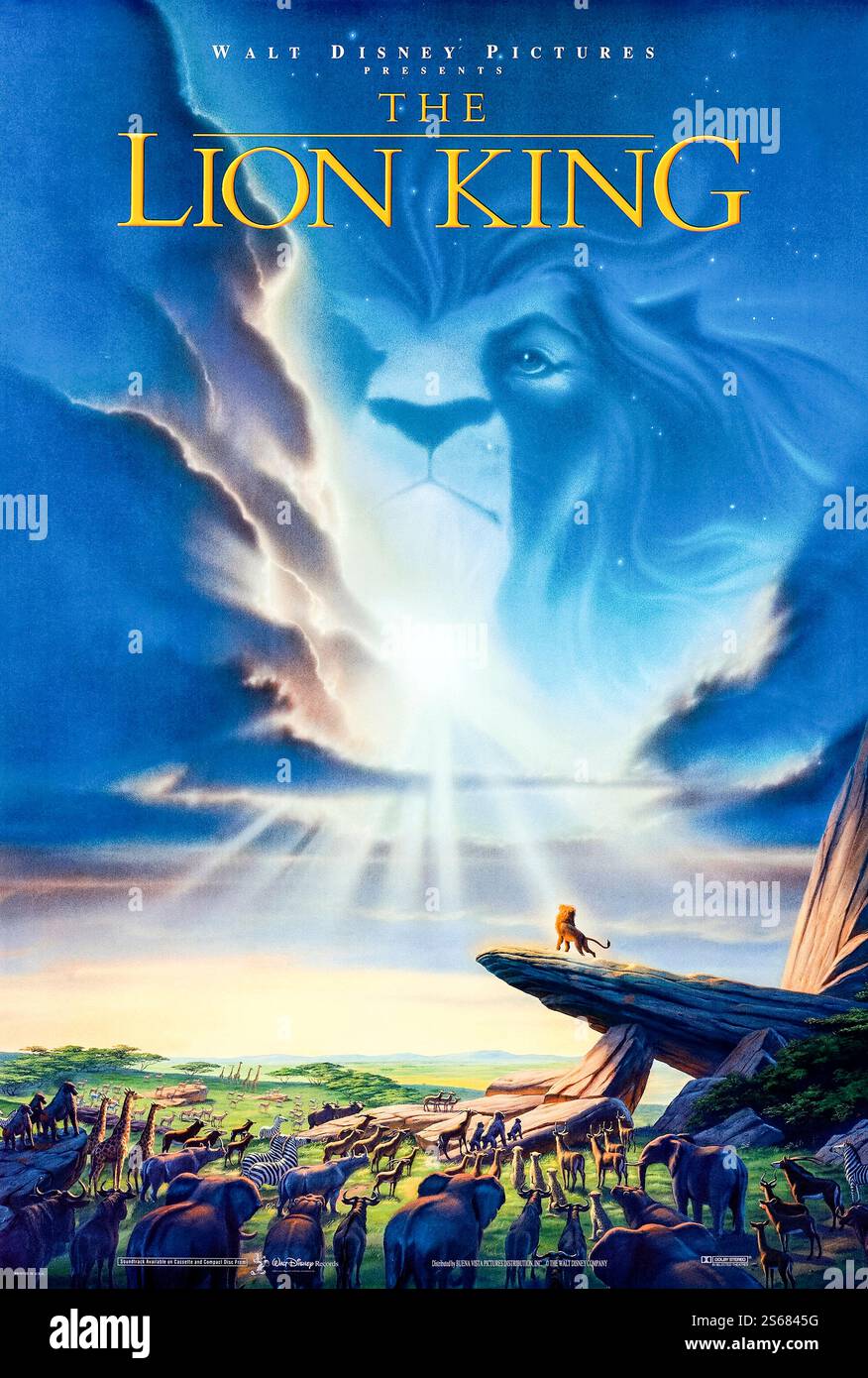 The Lion King (1994) diretto da Roger Allers e Rob Minkoff e interpretato da Matthew Broderick, James Earl Jones e Jeremy Irons. Un'epica storia animata del viaggio di un giovane principe leone per diventare re delle Terre del Pride. Fotografia di un poster originale degli Stati Uniti del 1994 con un foglio di illustrazioni di John Alvin. SOLO PER USO EDITORIALE. Crediti: BFA / Buena Vista Pictures Distribution Foto Stock