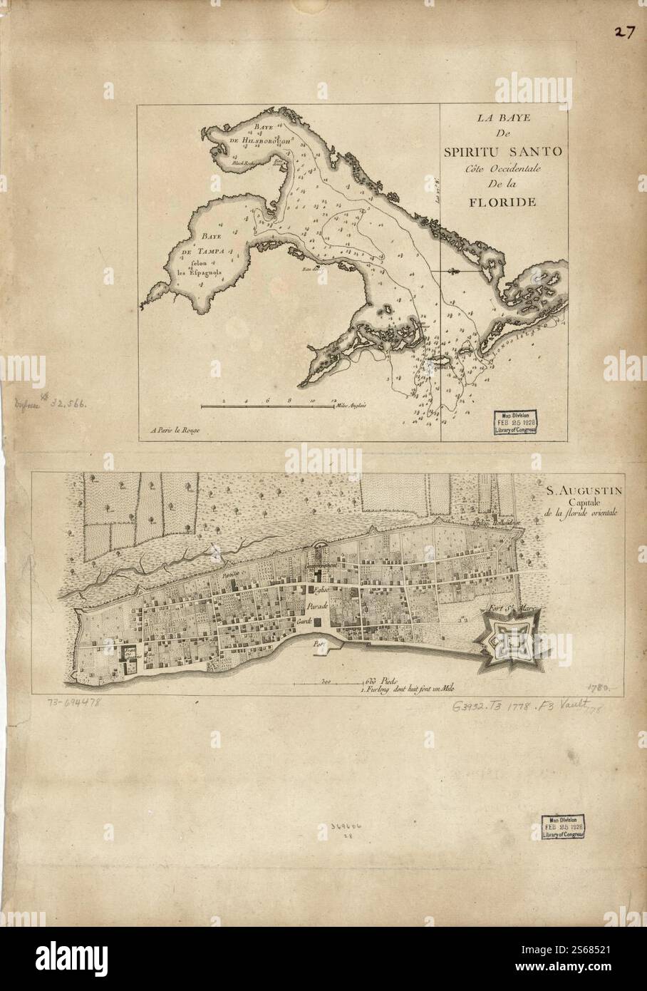 La baye de Spiritu Santo, Côte occidentale de la Floride. S. Augustin, capitale de la Floride orientale. 1778 di Faden William, le Rouge Georges-Louis. Foto Stock