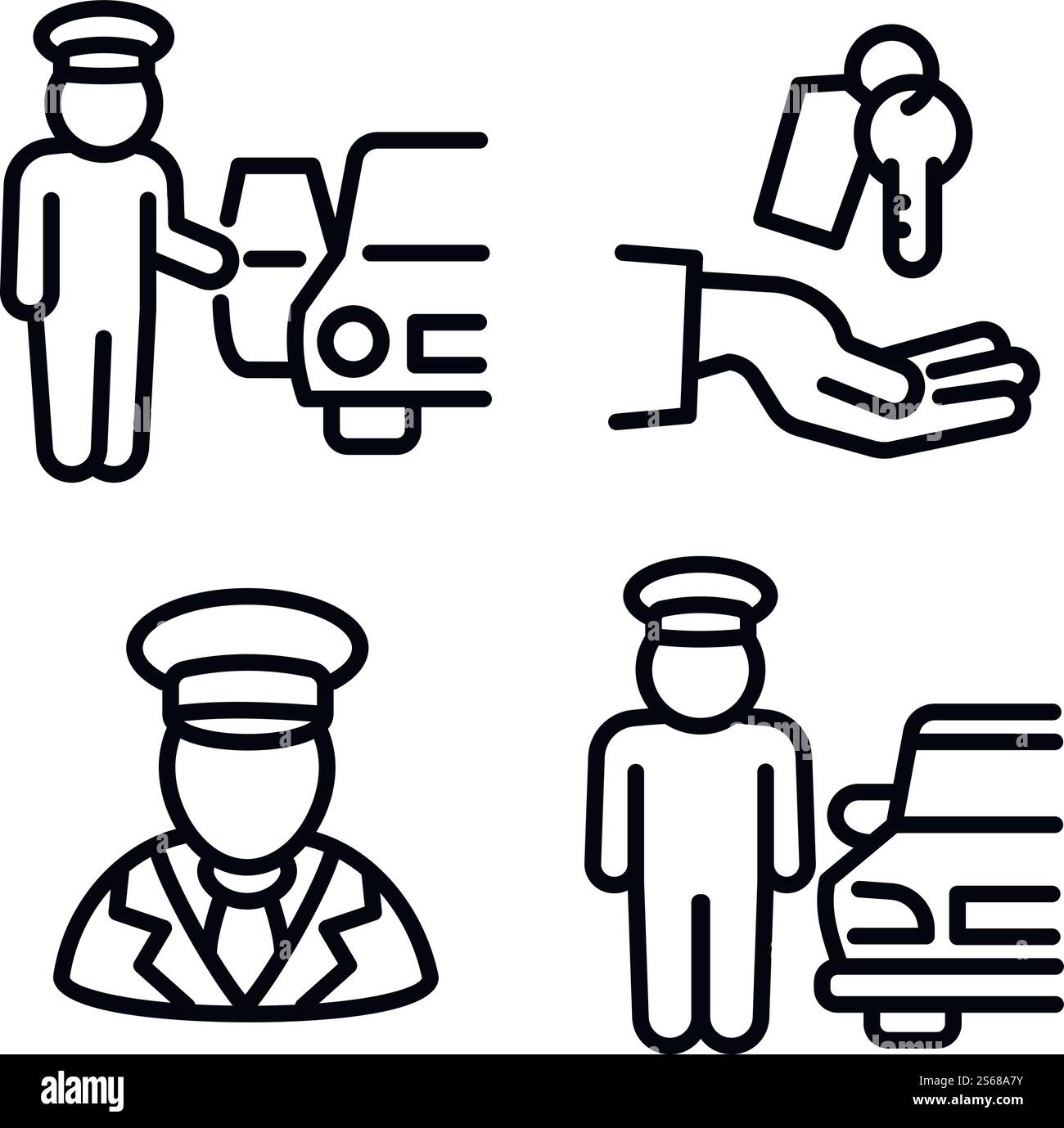 Set di icone Valet. Contorno delle icone vettoriali di Valet per il web design isolato su sfondo bianco. Set di icone Valet, stile del contorno Illustrazione Vettoriale