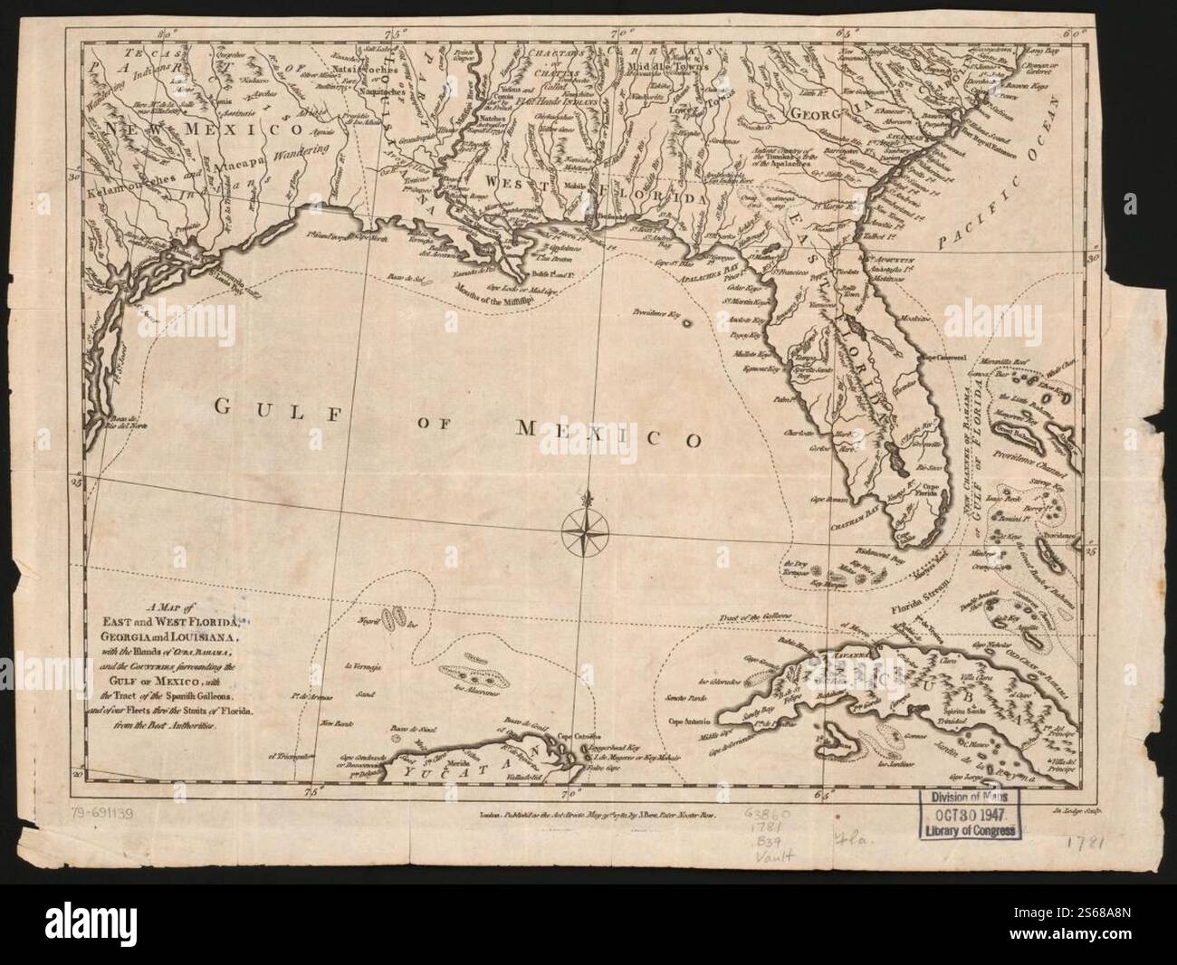 Una mappa della Florida orientale e occidentale, della Georgia e della Louisiana : con le isole di Cuba, Bahama, e i paesi che circondano il Golfo del Messico, con il tratto dei galeoni spagnoli, e delle nostre flotte, lo stretto della Florida, dalle migliori autorità 1781 di Bew John, Lodge John Foto Stock