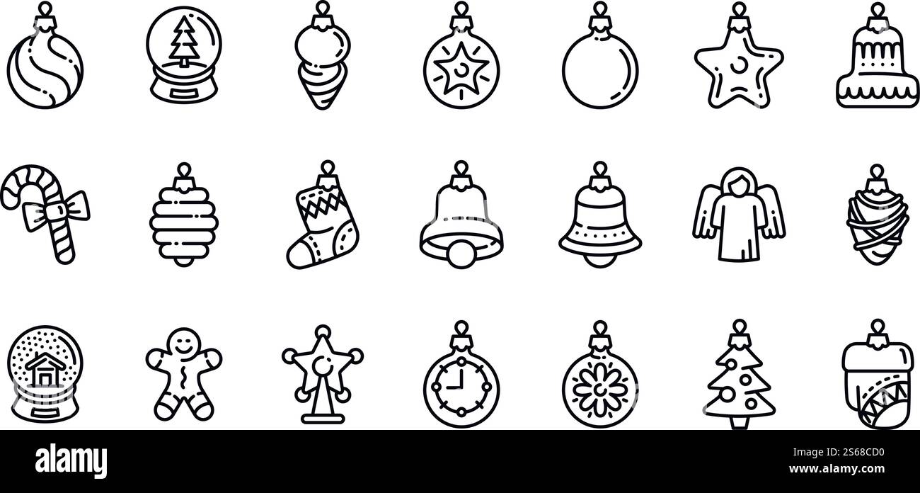 Set di icone dei giocattoli dell'albero di Natale. Contorno delle icone vettoriali dei giocattoli dell'albero di Natale per il web design isolate su sfondo bianco. Set di icone dei giocattoli dell'albero di Natale, stile di contorno Illustrazione Vettoriale