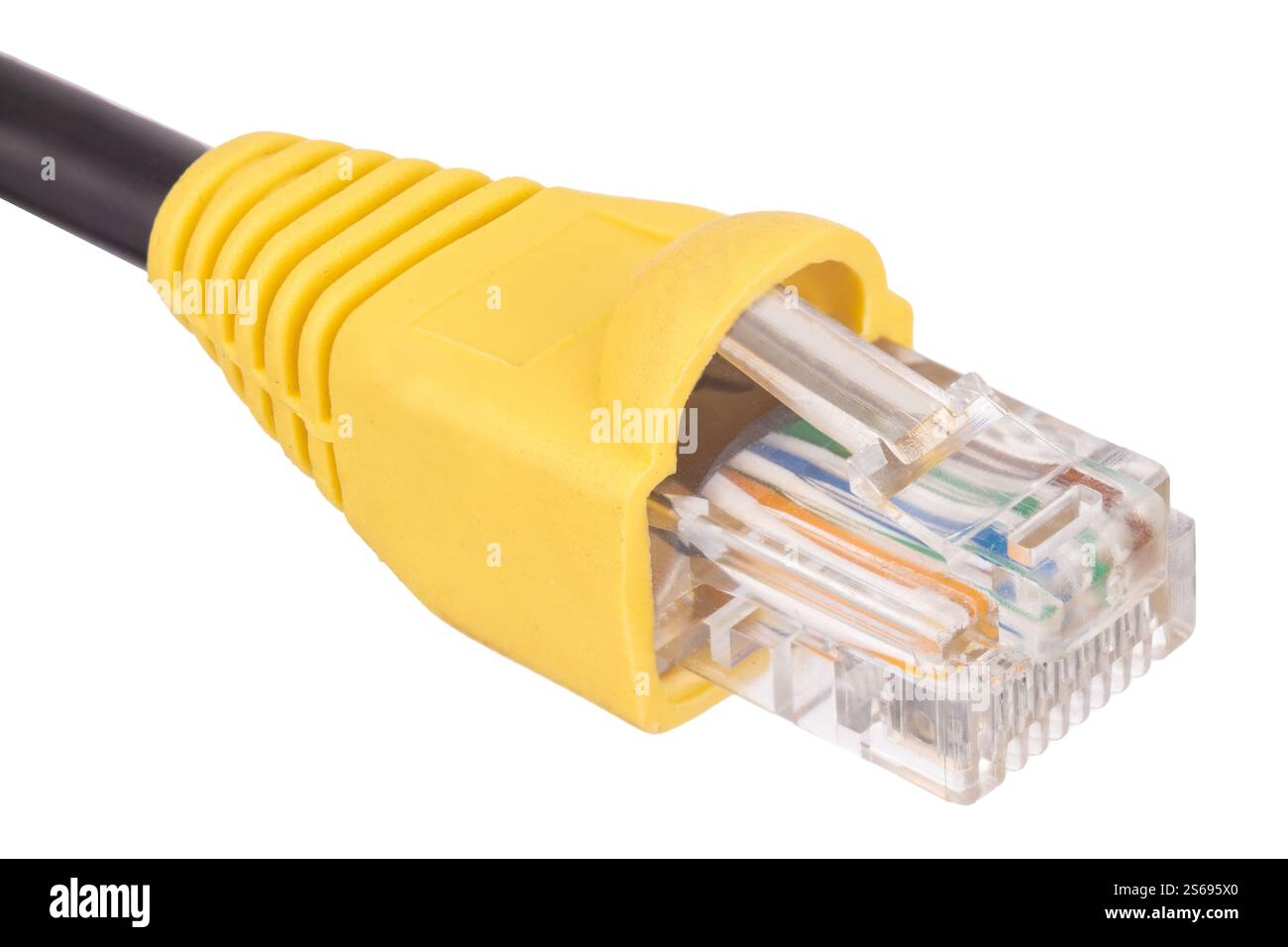 Cavo Ethernet giallo con connettore RJ45 Foto Stock