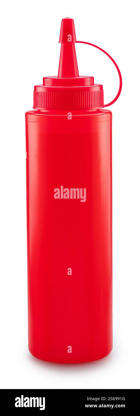 Flacone dispenser in plastica rossa di salsa di pomodoro o ketchup isolato su sfondo bianco. Il file contiene il percorso di ritaglio. Foto Stock
