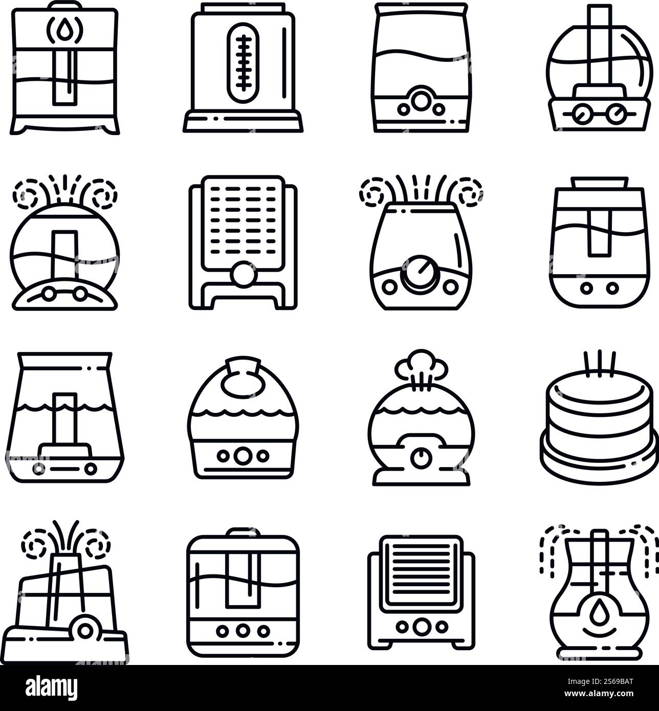 Set icone umidificatore. Contorno delle icone vettoriali dell'umidificatore per il web design isolato su sfondo bianco. Set di icone dell'umidificatore, stile del contorno Illustrazione Vettoriale