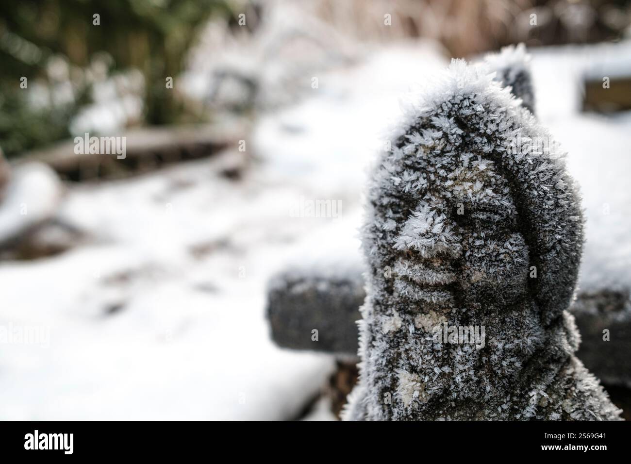 Gnomo da giardino ricoperto di neve e gelo. Foto Stock
