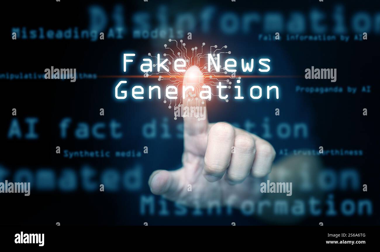 AI, intelligenza artificiale e il concetto di notizie false, disinformazione e disinformazione: Un uomo tocca lo schema del circuito dietro il testo Fake News Foto Stock
