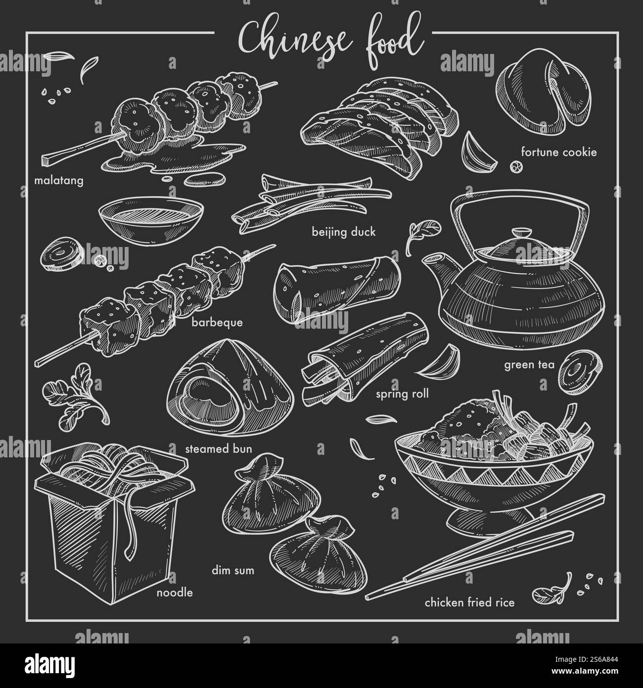 Menu del ristorante cucina cinese, gesso, cucina sketch di malatang vettoriale cinese e biscotti della fortuna, anatra di pechino, tè verde, involtini primavera, barbecue al vapore, spaghetti dim sum e riso fritto al pollo. Il gesso di cibo cinese disegna la cucina nazionale della Cina Illustrazione Vettoriale