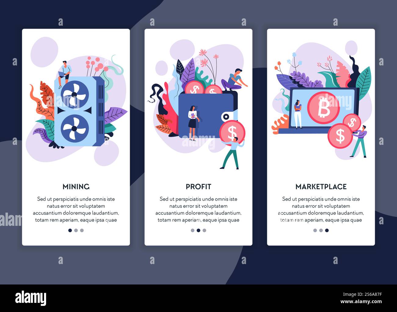 Bitcoin mining e mercato di criptovalute profitto pagine Web online vettore sito Internet modello server e portafoglio uomo d'affari e programmatore di denaro digitale guadagnando affari e finanza. Il marketplace di criptovalute il mining di bitcoin e le pagine Web di profitto online Illustrazione Vettoriale