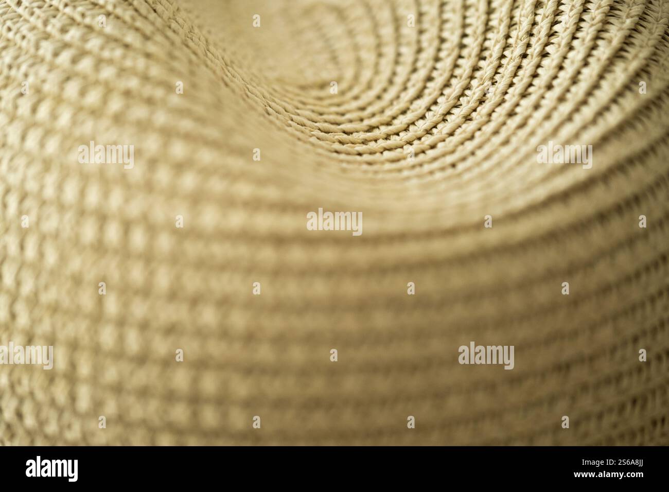 Vista posteriore in dettaglio di un cappello di paglia. Si tratta di una fotografia macro e si forma una trama astratta intrecciata di paglia. E' un obje fatto a mano molto bene Foto Stock