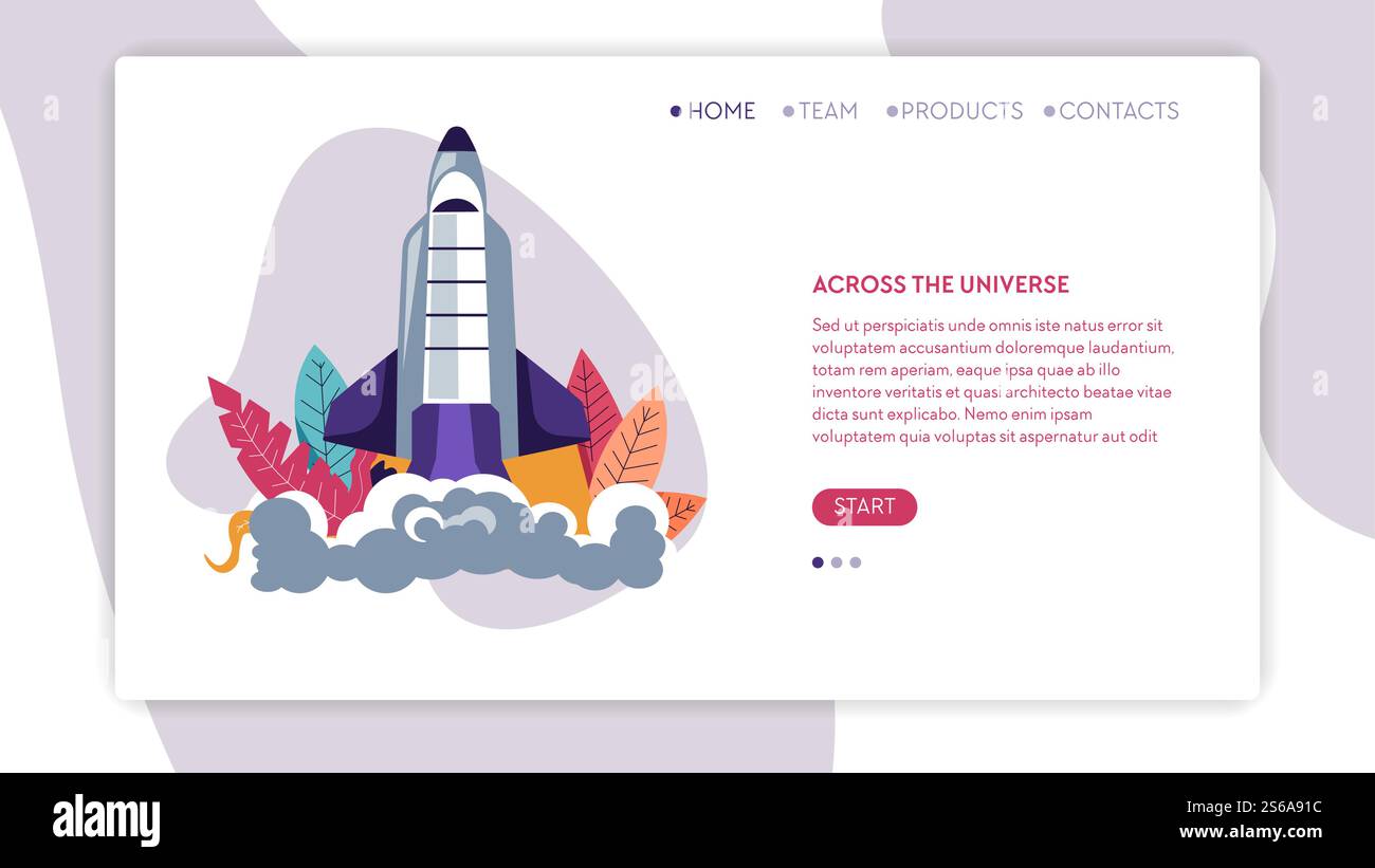 Programma cosmico attraverso il modello di pagina web online dell'universo lancio di astronavi vettoriali o lancio di razzi esplorazione spaziale viaggio interstellare astronomia scienza pianeti e satelliti esplorazione. Attraverso il modello di pagina web online del programma cosmico dell'universo Illustrazione Vettoriale