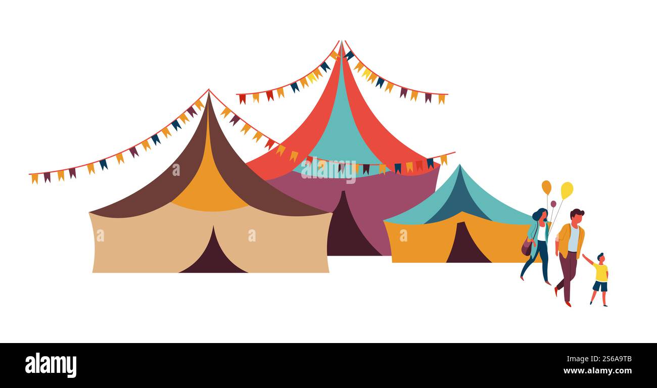 Grande circo per famiglie e fine settimana intrattenimento tende a colori vettoriali madre padre e bambino con lo spettacolo di palloncini o spettacoli spettatori, divertimento, carnevale o fiera, divertimento e festival. La famiglia va al circo per l'intrattenimento del fine settimana Illustrazione Vettoriale