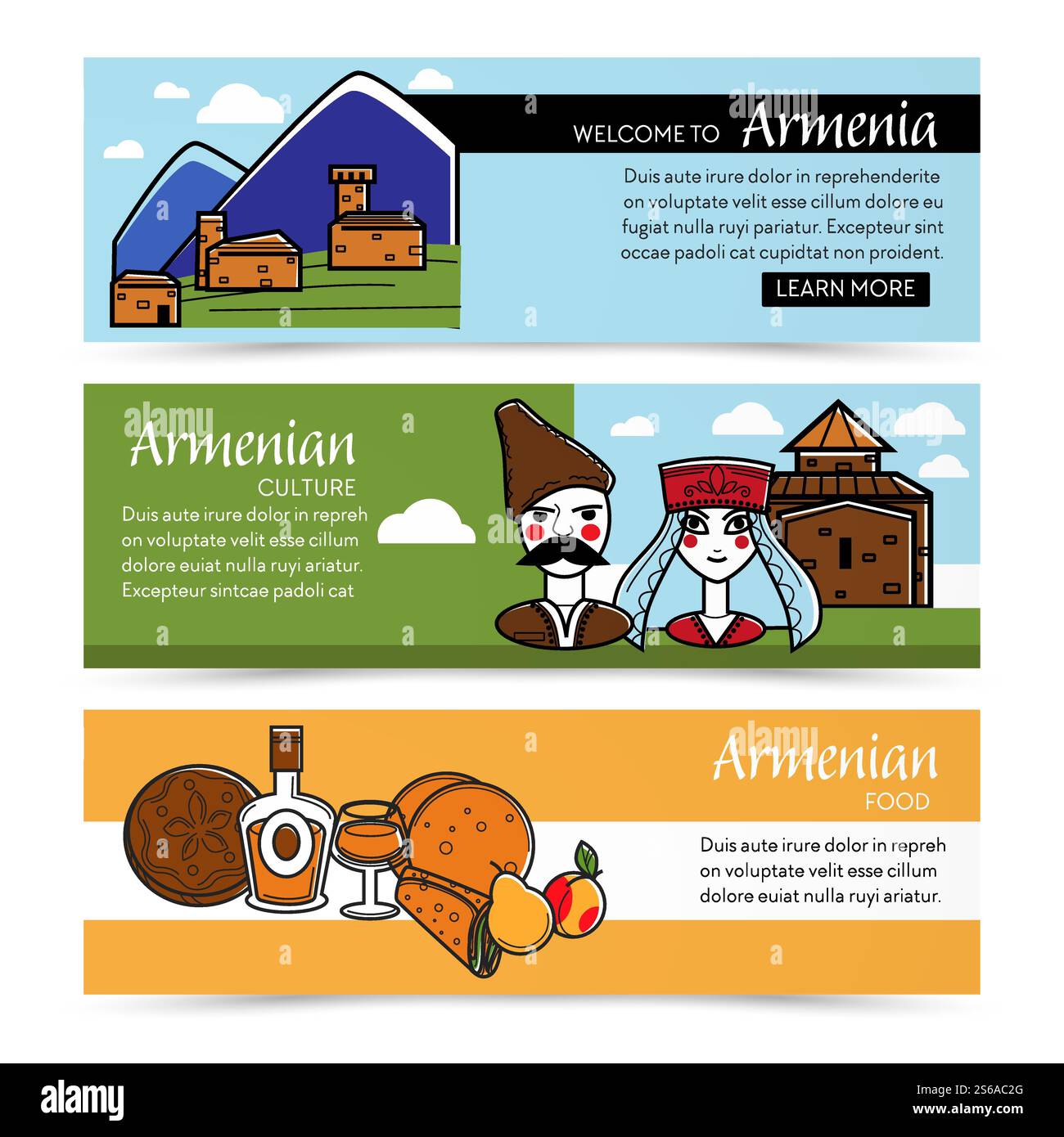 Natura e architettura pagine web di cultura e cibo armena casa vettoriale nelle montagne caucasiche uomo e donna cucina armena cognac e pane pita o lavash shawarma o rotolo di pera e frutta di pesca. Cultura armena e cibo pagine web natura e architettura Illustrazione Vettoriale