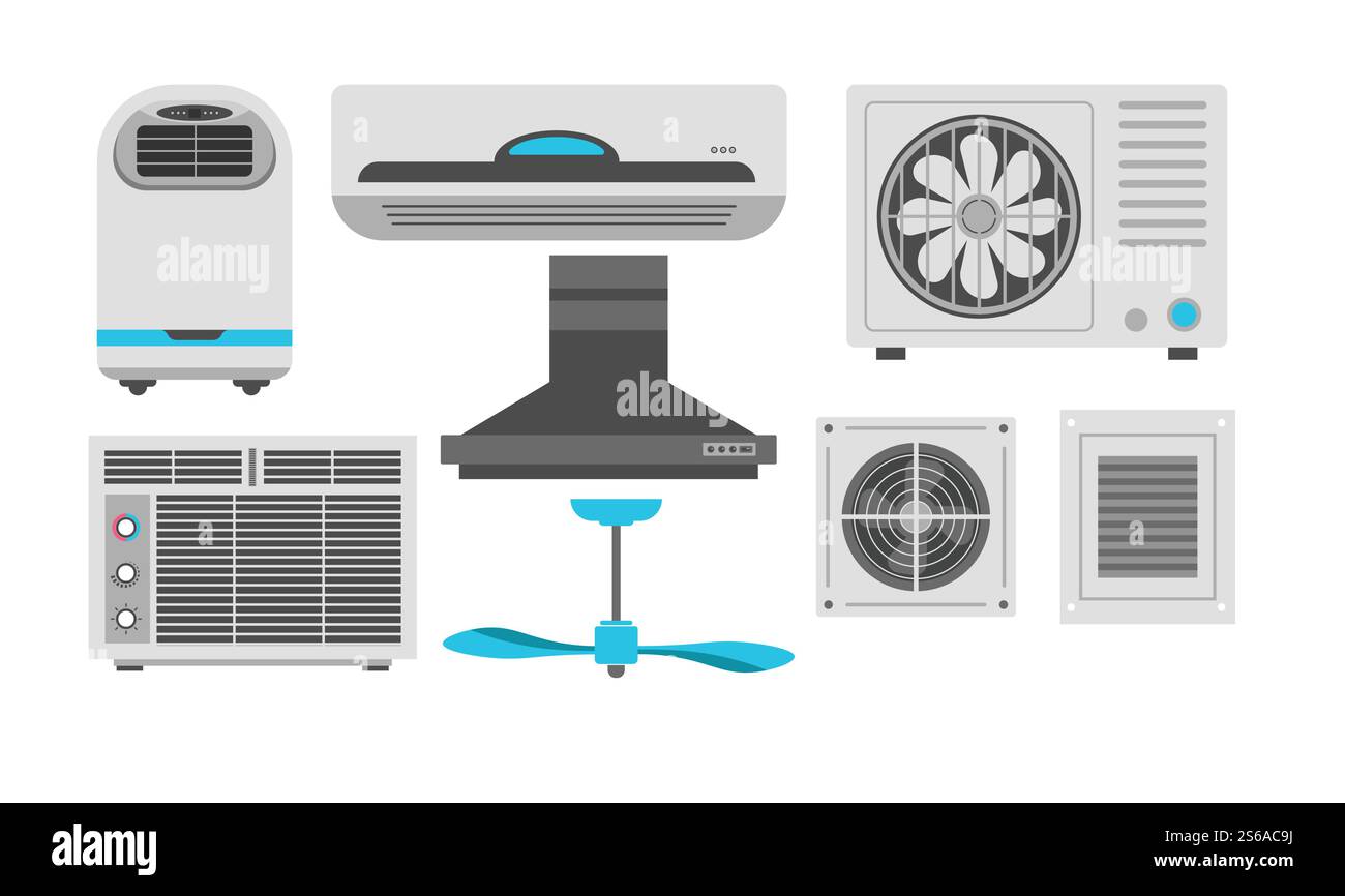 Ventilazione del condizionatore d'aria e cofano di scarico ventola a elica vettoriale isolata dispositivi interni regolazione della temperatura e aria condizionata domestica elettrodomestici umidificatore riscaldatore di comando della climatizzazione. Ventola e ventilatore del climatizzatore e elica del cofano di scarico Illustrazione Vettoriale
