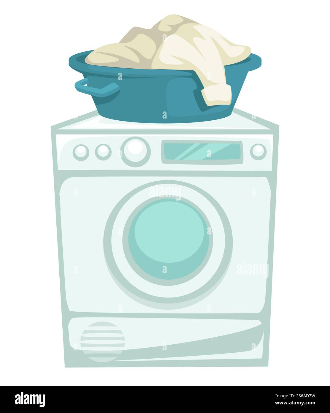 Lavanderia lavatrice e vestiti puliti in lavabo servizio di lavanderia vettoriale, elettrodomestici pulizia e igiene, abbigliamento domestico e biancheria da letto e asciugamani. Lavatrice e lavanderia lavano gli indumenti in lavabo domestico Illustrazione Vettoriale