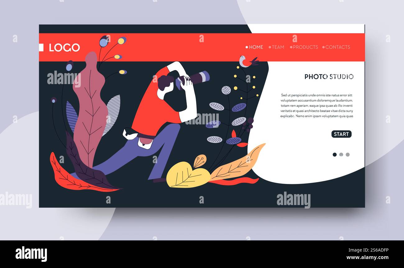 Photosession Ordina studio fotografico online modello di pagina web servizi di fotografo vettoriale fotocamera sito Internet mockup photoset o photoshoot arte o hobby video lezioni e lezioni di formazione. Ordine di fotosessione di modelli di pagina Web online di Photo Studio Illustrazione Vettoriale