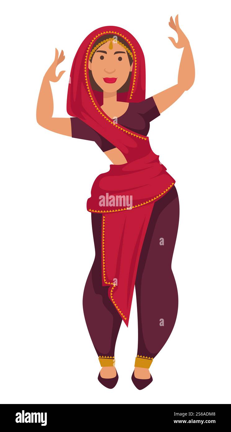 Nazionalità donna indiana nella tradizione di danza sari e costumi dell'India vettore isolato carattere femminile in scialle che mostra mosse performance gioielli ragazza e danza nazionale viaggiando e turismo. Donna indiana nella tradizione e nei costumi danzanti sari dell'India Illustrazione Vettoriale