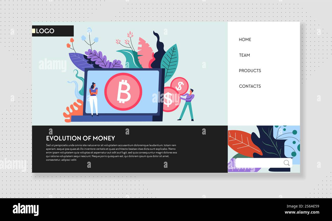 Cash and bitcoin evoluzione del denaro pagina web modello di sito Internet vettore online business mining di valuta e imprenditore bancario e ricerca di laptop aperti e dollari di navigazione. Sito Internet dell'evoluzione del denaro contante e del bitcoin Illustrazione Vettoriale