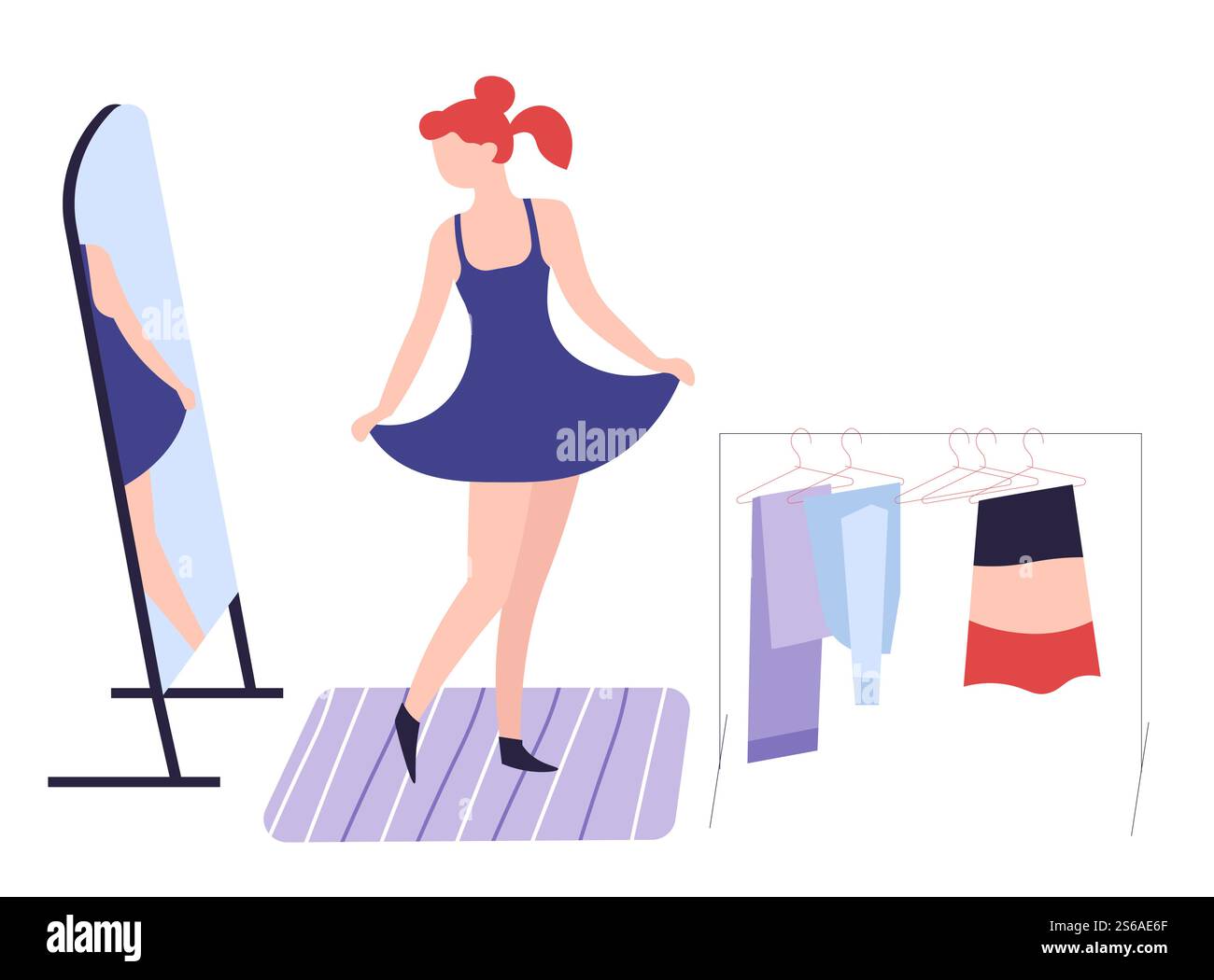 Hobby ragazza che si veste di fronte a abiti a specchio e vettoriale di moda carattere femminile isolato guardando la donna riflessa in cremagliere con stile di abbigliamento o di abbigliamento e abbigliamento che sceglie... Ragazza che si veste di fronte a abiti da specchio e hobby per lo shopping alla moda Illustrazione Vettoriale