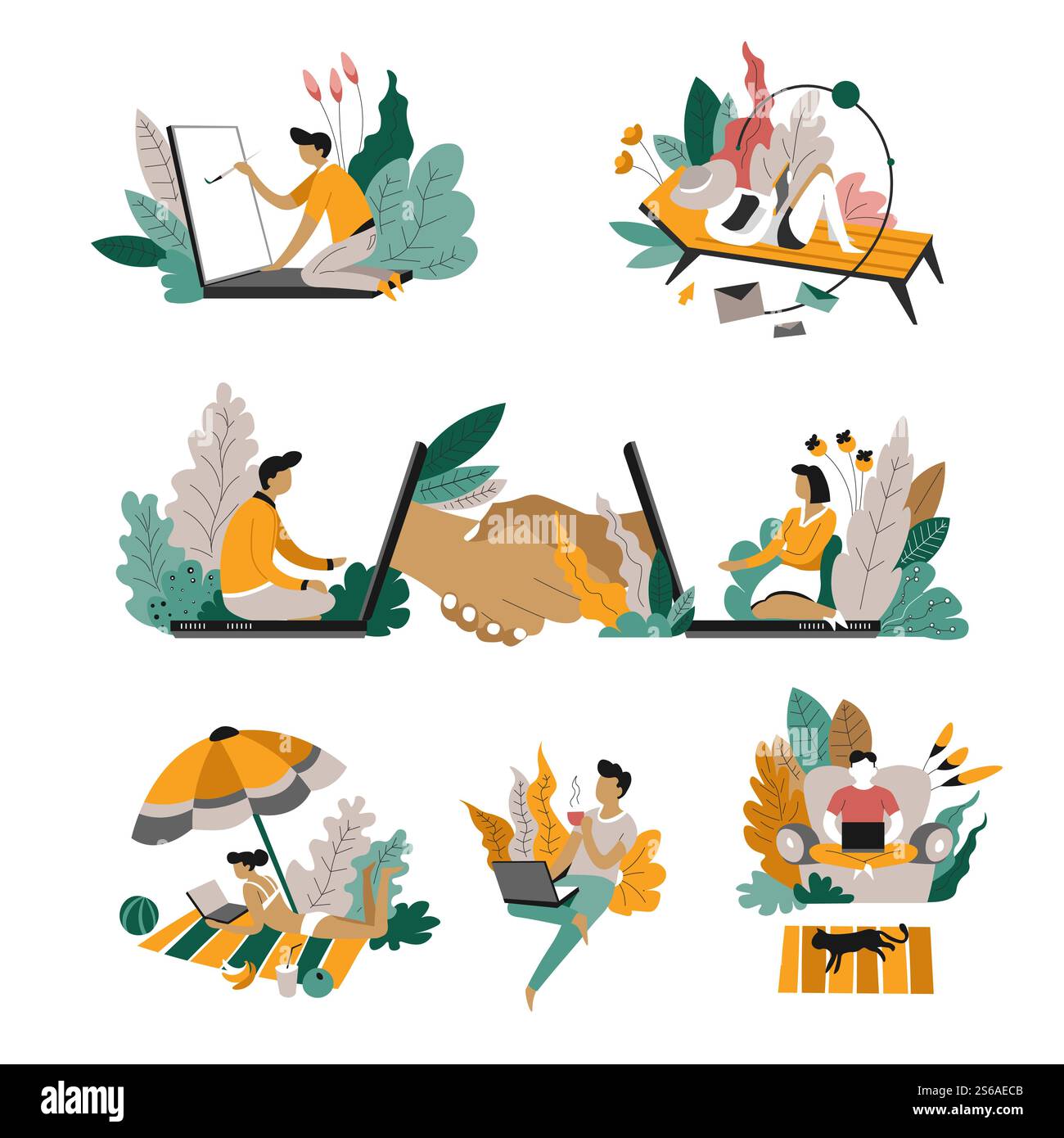 Laptop freelance concetto astratto messaggeria lavoro e arte pittura vettoriale e comunicazione lavoro a distanza prendere il sole sulla sedia reclinabile e casa sul divano connessione Internet intervista online lavoro moderno. Lavoro e arte di messaggistica per laptop con concetto astratto freelance Illustrazione Vettoriale