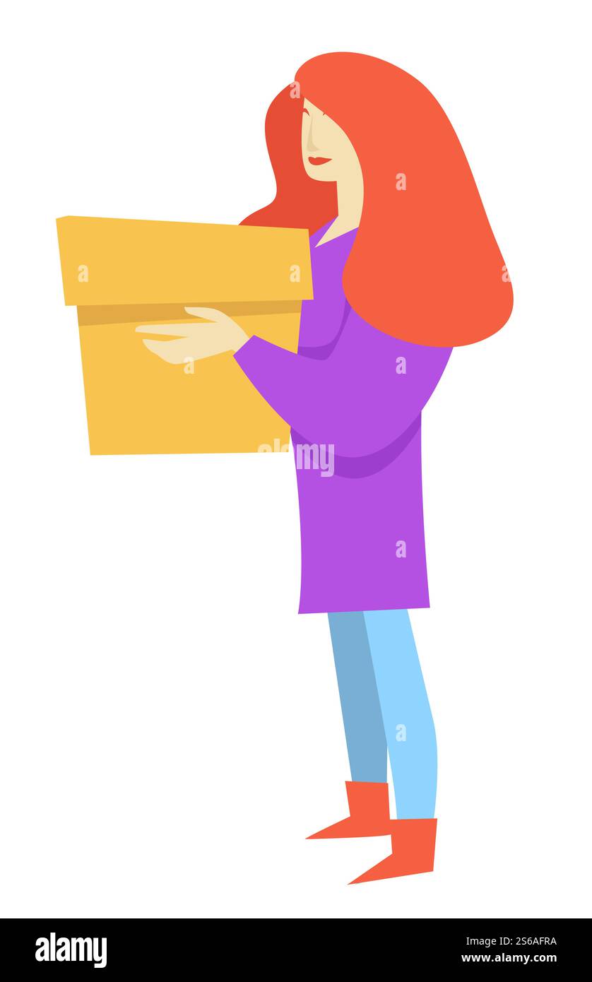 Ragazza che tiene in mano un contenitore di cartone donna rossa con scatola isolato vettore di caratteri femminile, consegna e spedizione postale o corrispondenza ordine online ricezione o invio di teenager e acquisti via Internet. Donna con scatola isolata femmina personaggio ragazza che tiene in mano un contenitore di cartone Illustrazione Vettoriale