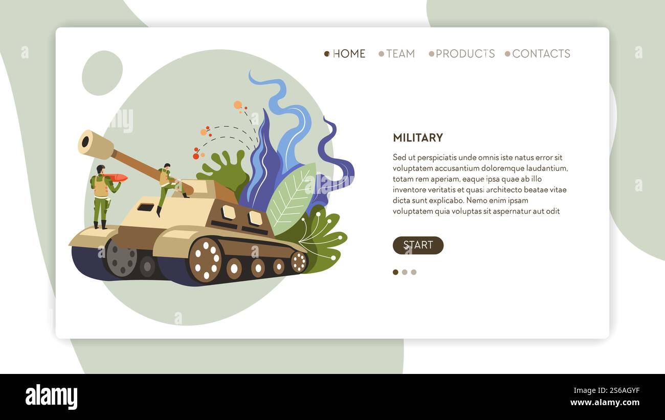 Soldati in uniforme e esercito di carri armati modello di pagina web di Internet macchina da guerra vettoriale e difesa trasporto militare sito web web web web page mockup arma di trasporto di attacchi di massa e piante astratte. Soldati dell'esercito in uniforme e modello di pagina web di carri armati Illustrazione Vettoriale