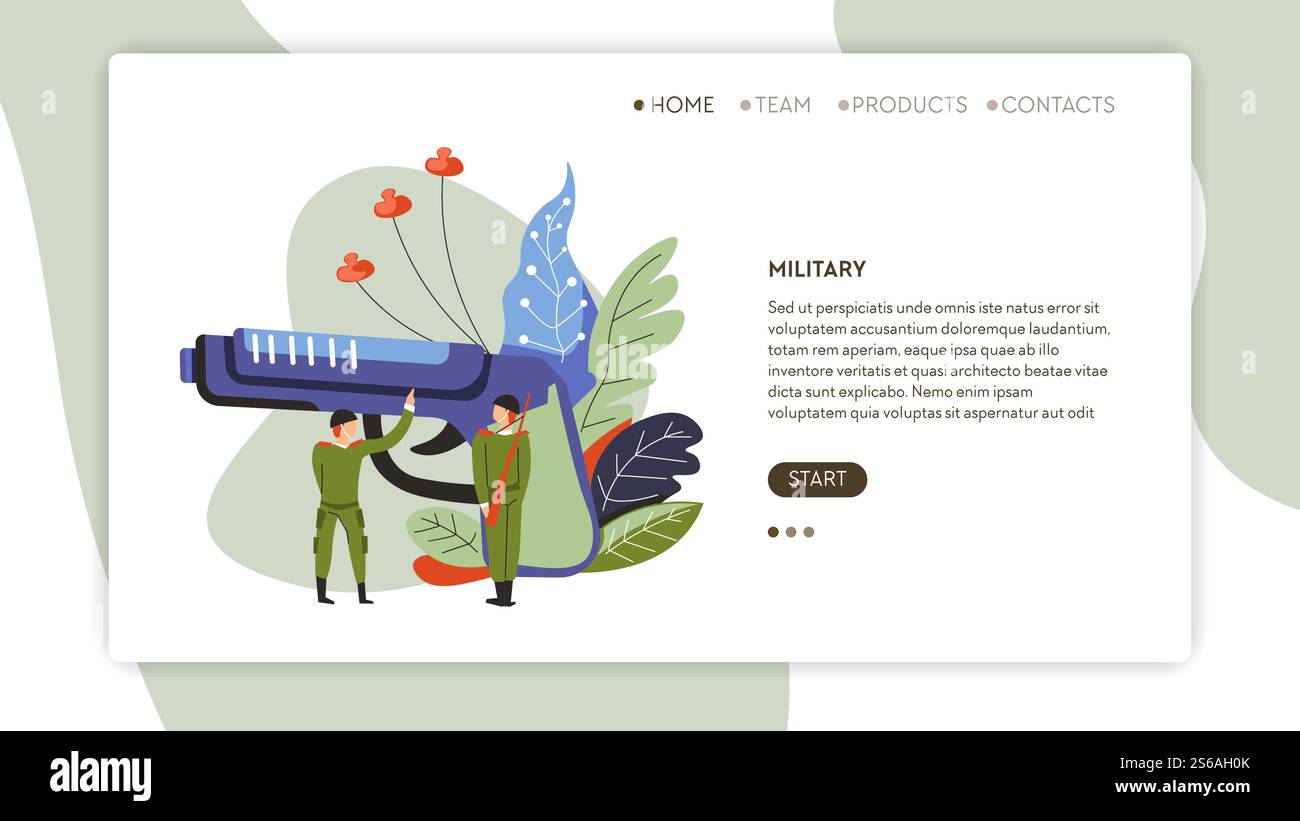 Armi militari e soldati in uniforme modello di pagina web dell'esercito modello di guerra vettoriale e di difesa armi militari sito web online landing page mockup pistola e ufficiali in caschi sparano piante astratte. Modello di pagina web militare per pistola o pistola e soldati Illustrazione Vettoriale