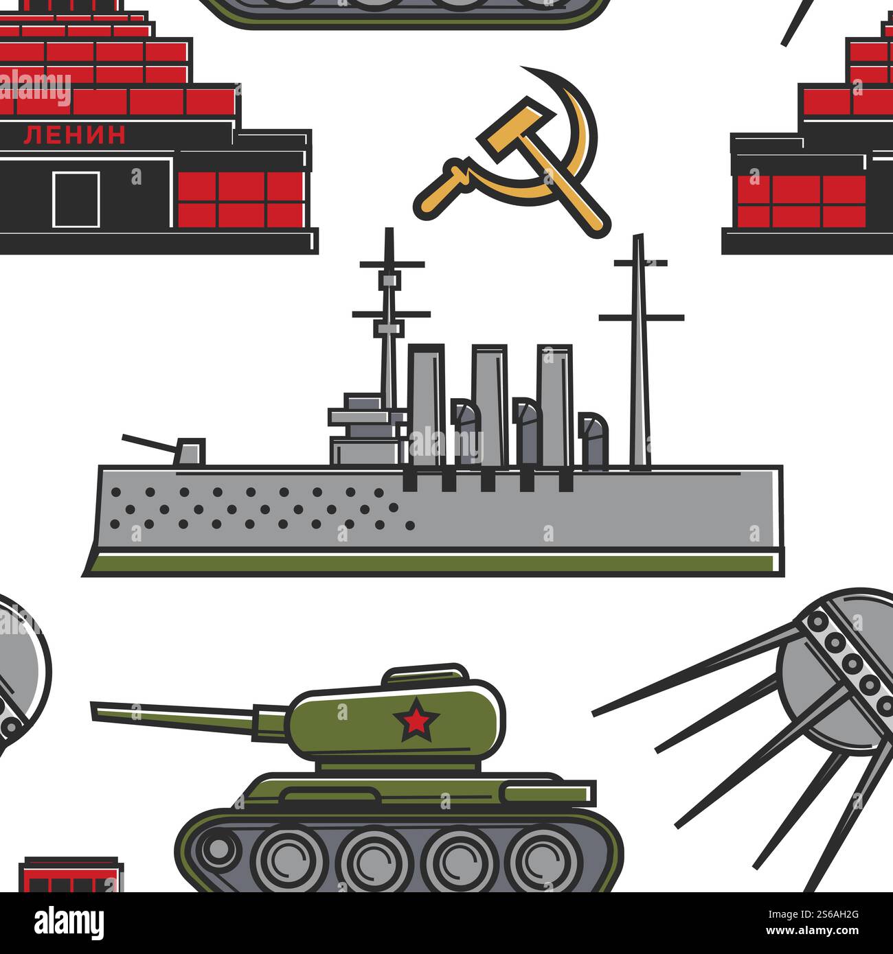 Architettura e tecnologia delle attrezzature militari dell'Unione Sovietica o dell'URSS nave da guerra vettoriale e carro armato Lenins mausoleo e satellite martello e falce a trama infinita veicolo e nave. Architettura e tecnologia delle attrezzature militari dell'URSS senza soluzione di continuità Illustrazione Vettoriale