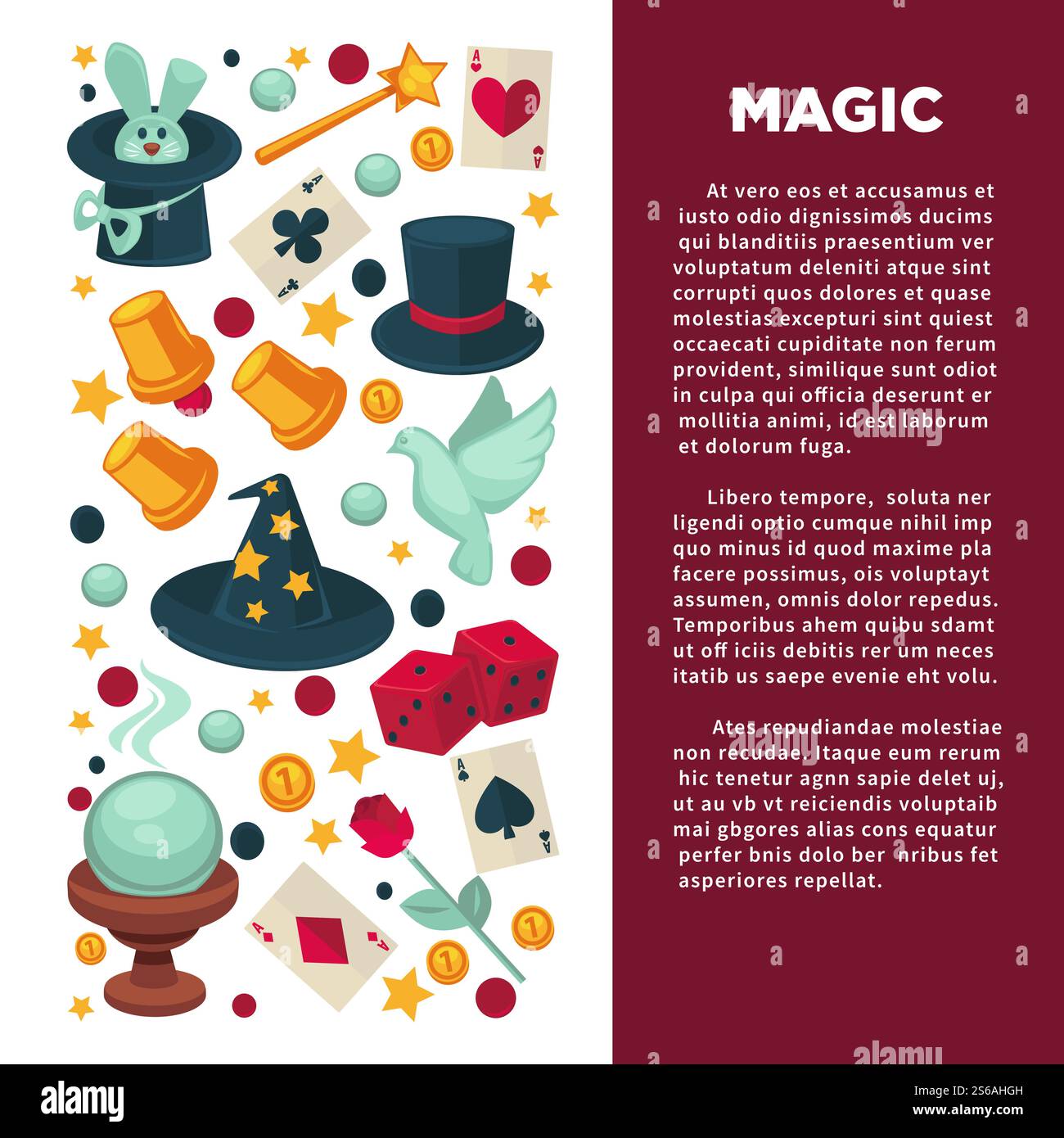 Attrezzatura magica spettacoli magici trucchi coniglietto vettoriale o coniglio in cappello bacchetta e carte da gioco coppe alte e palla mago colomba bianca dadi di copricapo e palla di vetro fiore di rosa e monete d'oro per la messa a fuoco. Spettacolo di magia e attrezzatura da mago banner circo Illustrazione Vettoriale